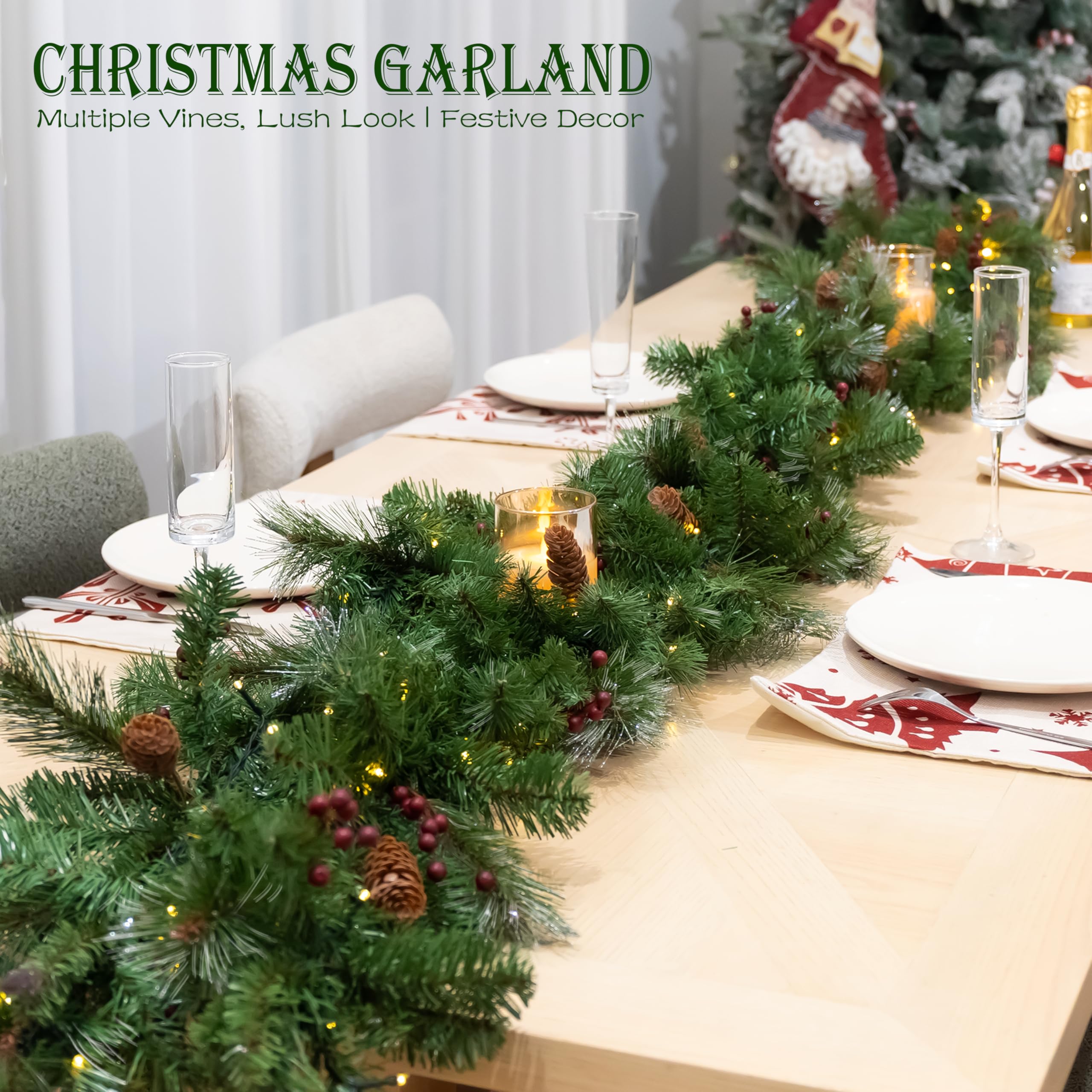 Ghirlanda di Natale artificiale pre-illuminata, pino della Carolina, luci bianche, decorata con glitter, pigne, grappoli di bacche, decorazioni natalizie a batteria, ghirlande per decorazioni