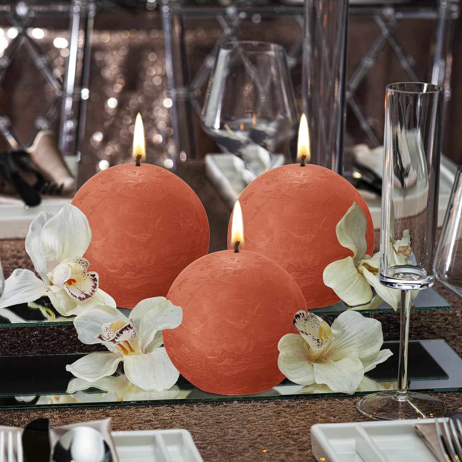 BOLSIUS 3 Pack Orange Rustic Ball Pillar Candles - 3 Inch - Premium European Quality - Natural Eco-Friendly Plant-Based Wax - Unscented Dripless Smokeless 25 Hour Party Décor and Wedding Candles : Home & Kitchen