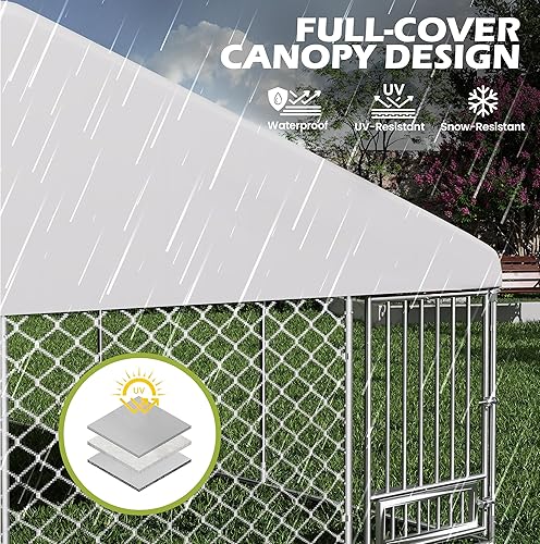 Miniatura 4 de Perrera para perros al aire libre de 13 x 13 pies con techo, valla exterior para perros con cuencos rotados para perros, recinto grande con