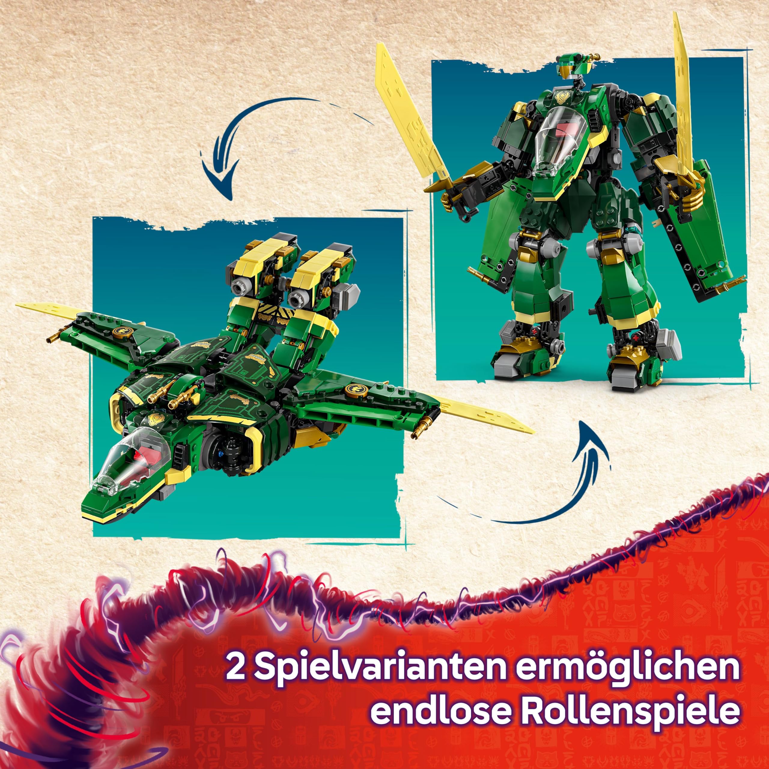 LEGO NINJAGO 2in1 Lloyds Jet-Mech - Spielzeug mit 5 Minifiguren, Drachen, Ausrüstung und fliegendem Motorrad - Geschenk für Jungen und Fans von Aufstieg der Drachen ab 9 Jahren 71845 | 2-in-1 Mech, verwandelt sich in Jet, 5 Minifiguren & Drachenfigur, Ges