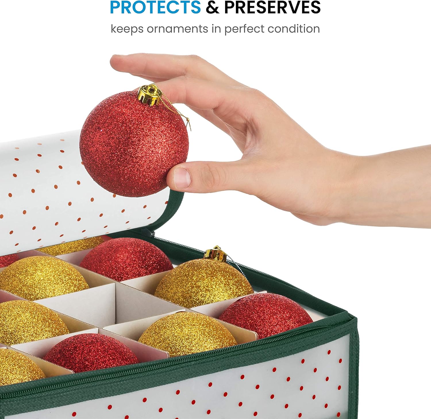 ZOBER Christmas Ornament Storage Box Plastic - Stores 128 3" Ornaments with Individual Trays - Ornament Organizer Storage Box, Durable Christmas Containers Holder - Green - Image 8