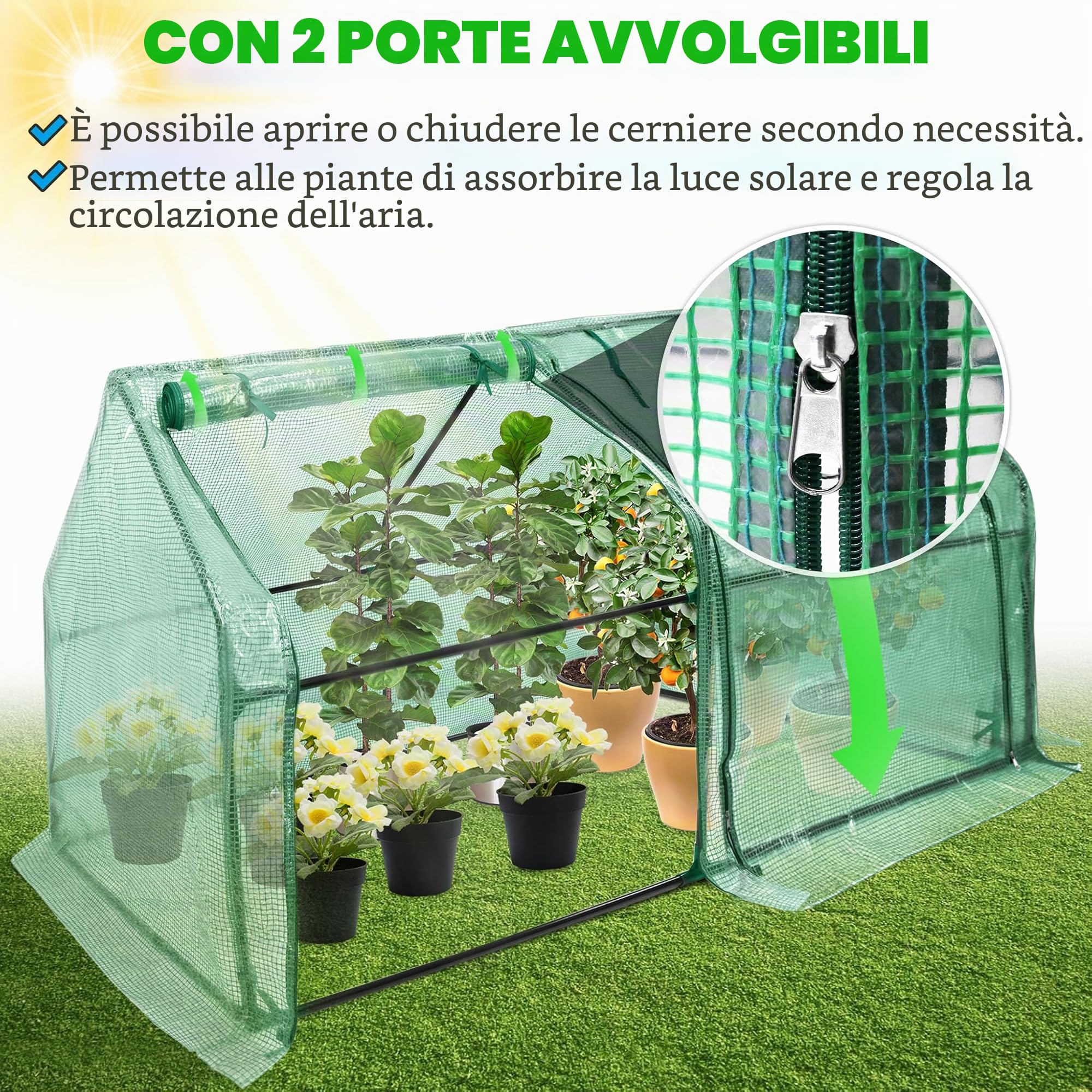 Froadp Serra piccola casetta per pomodori in HDPE da 140 g/m², struttura in ferro, 180 x 90 x 90 cm, con 2 porte a rotelle per giardini, balconi, terrazze, cortili e cortili