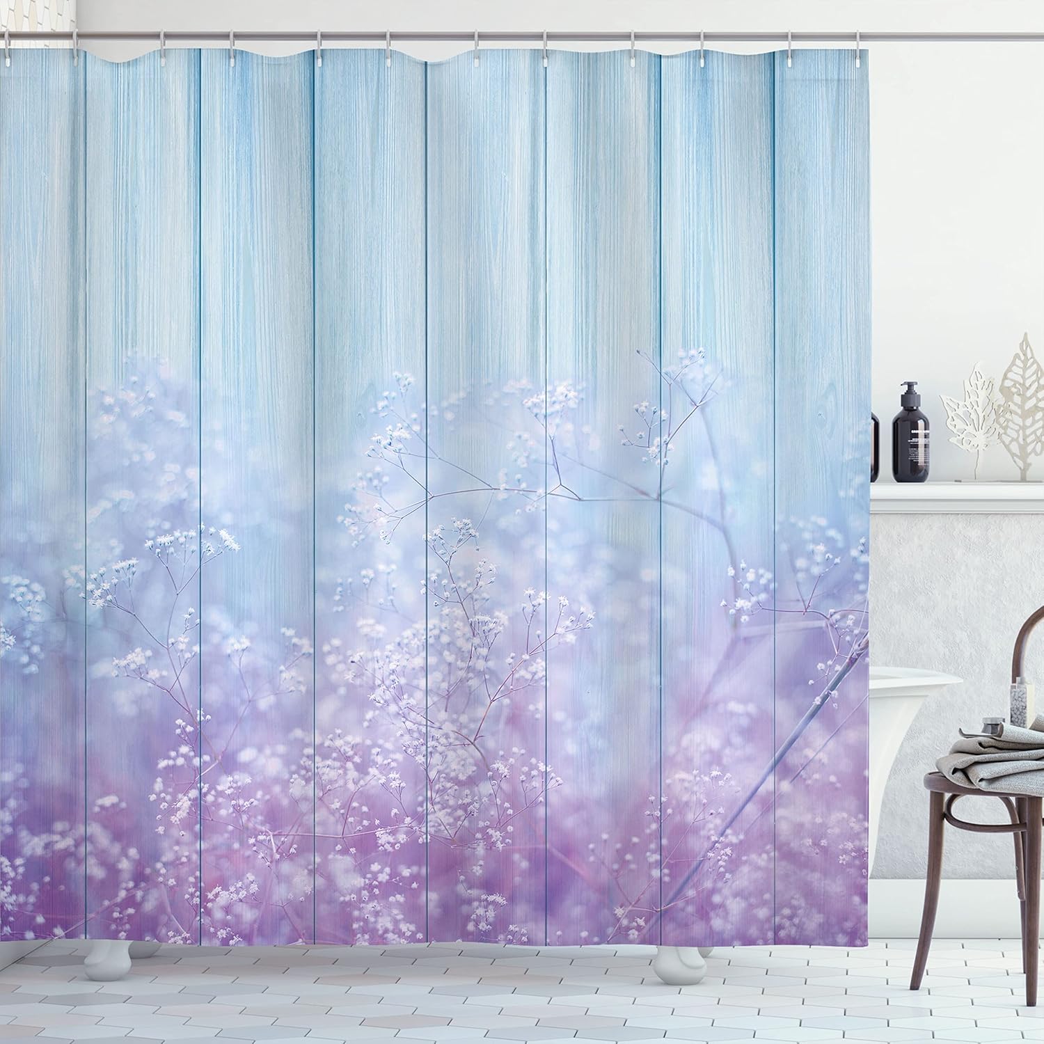 Ambesonne Floral Shower Curtain, Surreal Winter Plants Ivy on Soft Toned Planks Double Exposure Image Print, Cloth Fabric Bathroom Decor Set with Hooks, 69" W x 75" L, Blue Lilac