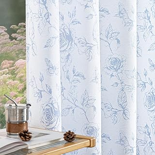 FMFUNCTEX Blue Floral Jacquard Curtains for Bedroom, Rose Flower Patterned Curtains 96 Inches Long Light Filtering Drapes for Living Room, Double Sided Design Drapes Grommet Top 2 Panles