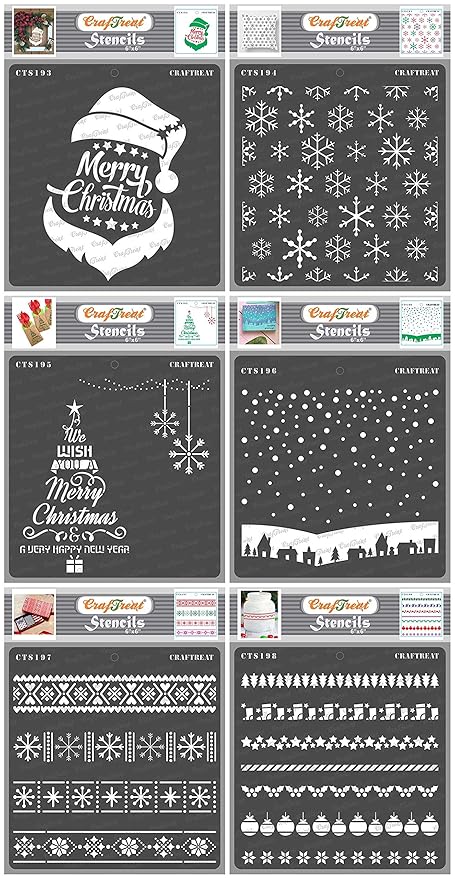 Christmas Theme Stencil for Craft and Art for Adults - Christmas Designs Bundle(6 Pcs) - Size: 6x6 Inches - Merry Christmas Stencils for Painting on Canvas - Snow Stencils for Wall Painting