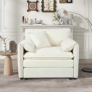 Oversized Chenille Accent Chair with Double-layer Cushion Deep Seat Modern Reading Chairs Armchair with 1 Toss Pillow & Side Pockets, Comfy Lounge Chair for Living Room, Bedroom, Apartment, Beige