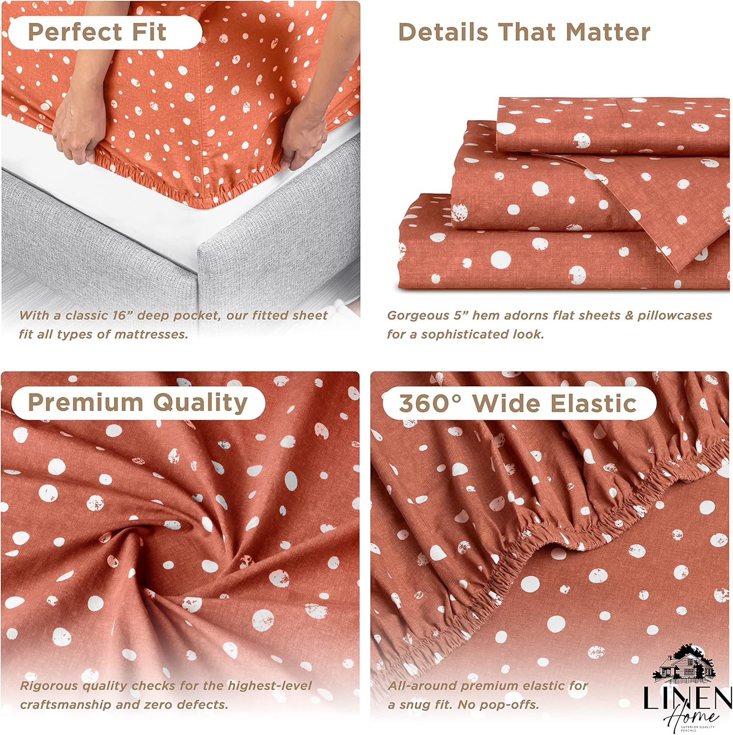 Linen Home Cotton Lyocell Blend Percale Printed Sheet Set, Pre-Washed & Shrunk, Cooling Bed Linen, King Size, 4 Pieces - 1 Flat, 1 Deep Pocket Fitted Sheet, 2 Pillowcases, Polka Cedarwood
