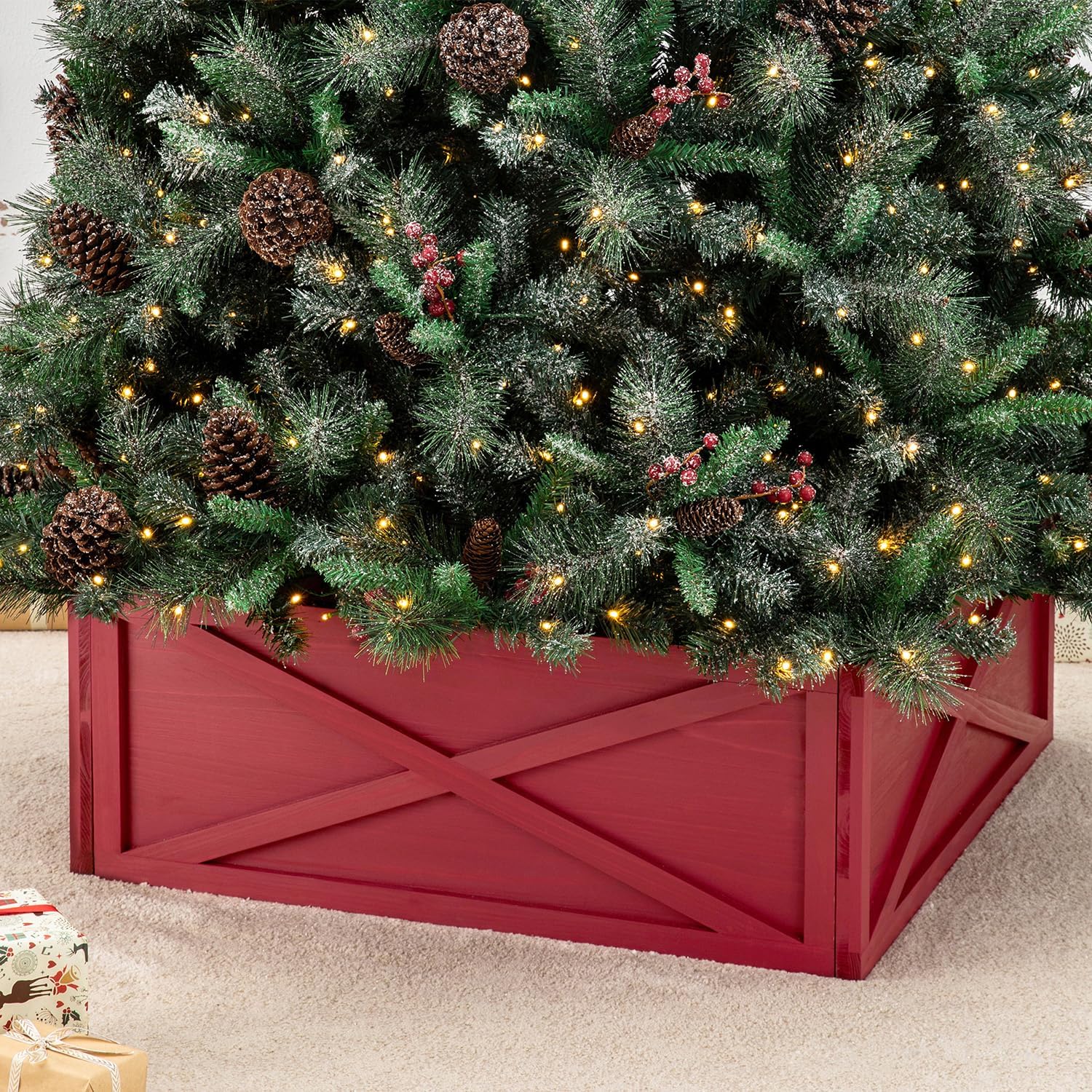 Glitzhome 32" L Red Wooden Tree Collar Cover for Christmas Tree Skirt