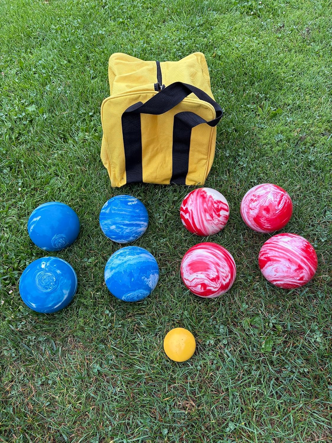 BuyBocceBalls Listing - Made in USA, Premium Quality Official Tournament Bocce Set - 107mm Marble Red and Marble Blue Balls Nylon Bag; Regulation Size Balls 920 Grams (2 lbs. 1 oz.)