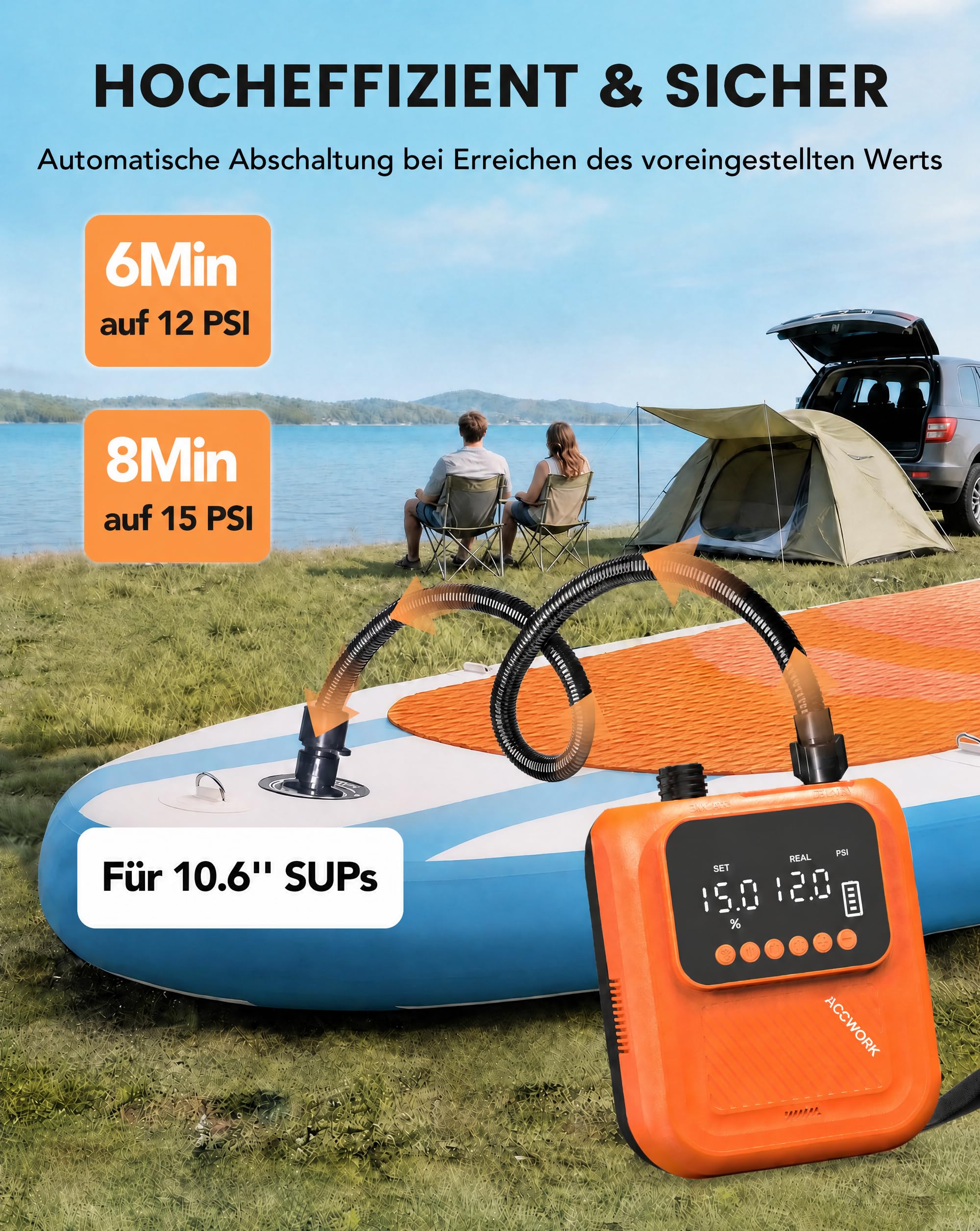 Accwork Elektrische SUP Pumpe mit Akku, 20 PSI wiederaufladbare Luftpumpe für SUP Board, Auto-Off, Aufpumpen & Abpumpen, 5 Modi, PSI/BAR, 12V DC & USB-C, mit 7 Adaptern für Kajak, Zelt, Luftmatratze
