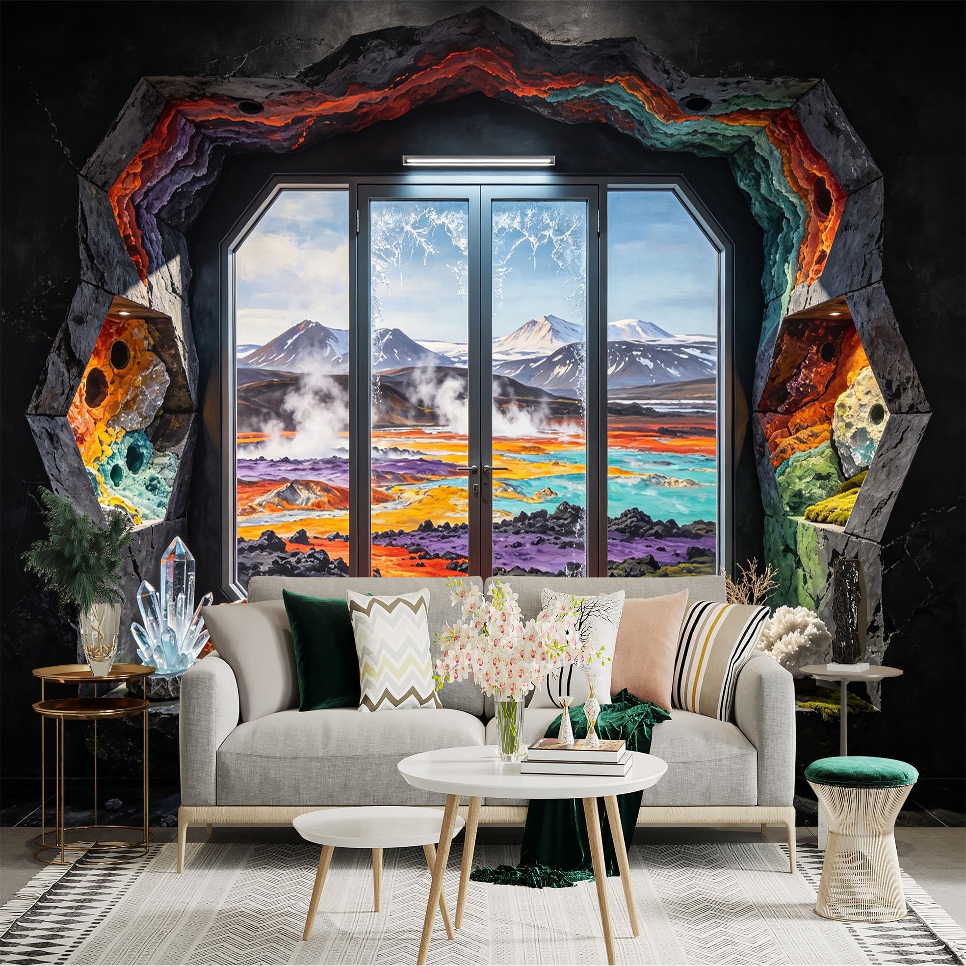 Custom Size Wall Sticker Mural， Volcanic Landscape with Crystal Cave， Colorful Lava Valley and Mountain View， for wall Decoration， peelandstick wall Decals.