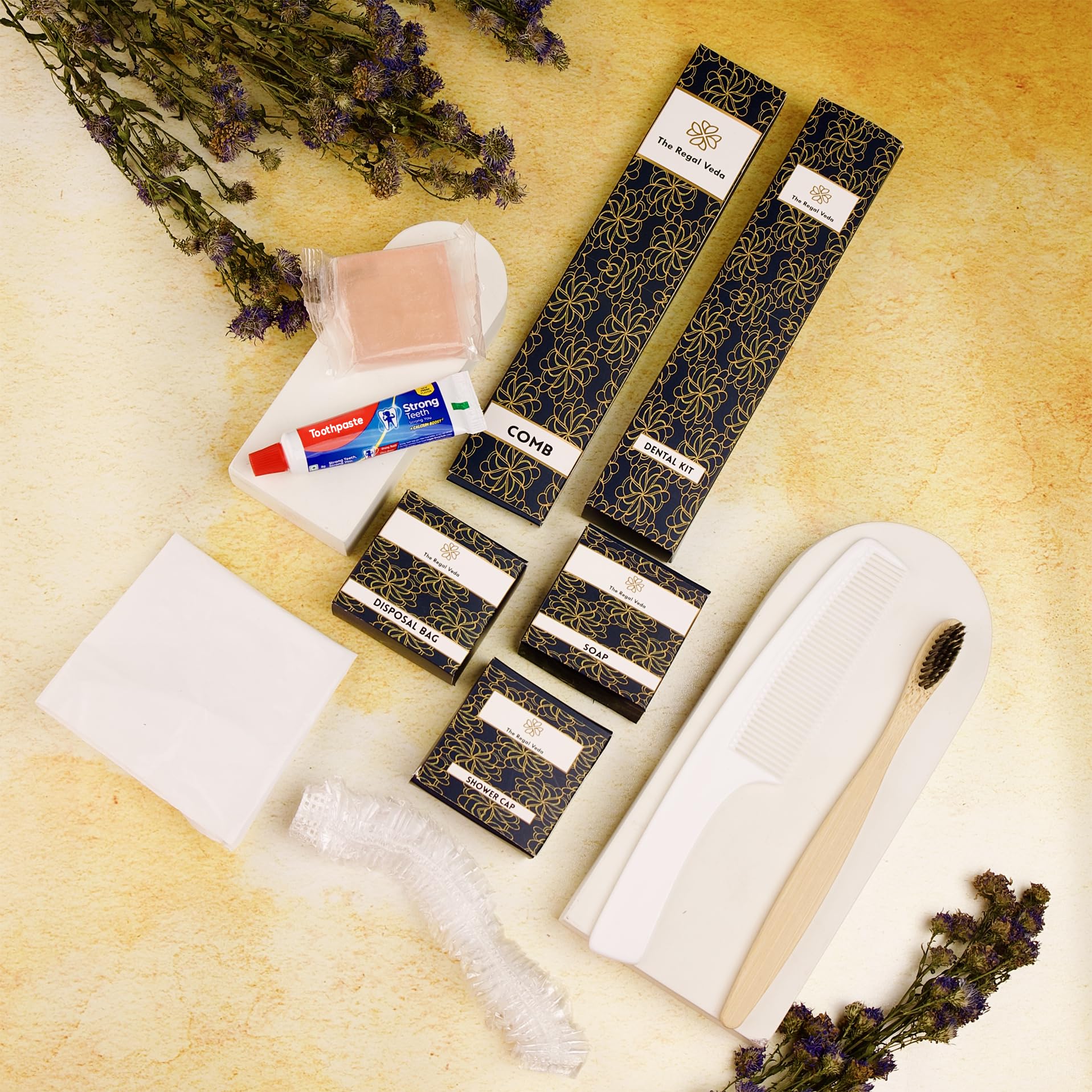 The Regal Veda Eco Friendly Vanity Kit Hotel Toiletries Luxury Kit, Sustainable Travel Morning Kit, Guest Amenities Biodegradable, Shower Cap, 20g Soap, Comb, Disposal Bag, Dental Kit, (Pack-50 Kits)-image-16