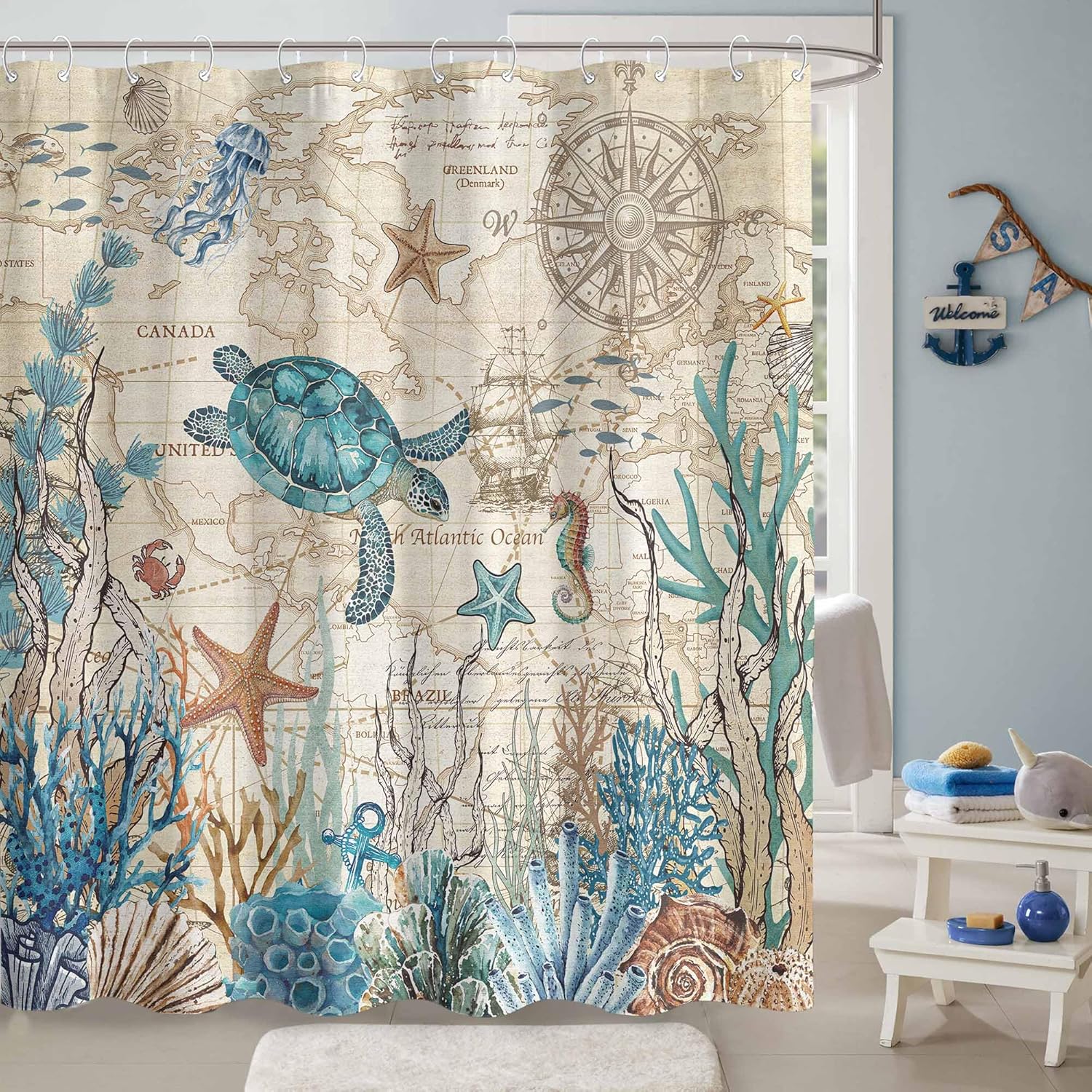 Nautical Coastal Turtle Shower Curtain, Vintage Coral Starfish Seashell Ocean Themed Underwater Seahorse Retro Bathroom Decor, 72x72 inch