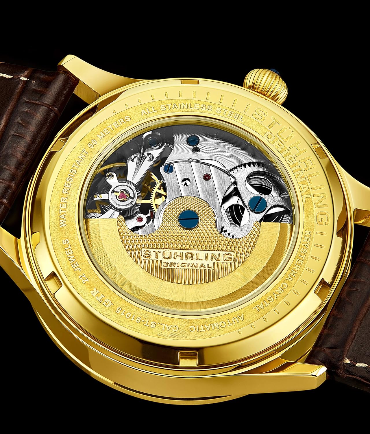 Stührling Original Automatic Watch for Men Skeleton Watch Dial, Dual Time, AM/PM Sun Moon, Leather Band, 571 Mens Watches Series (Gold-A)