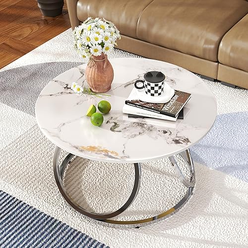 Miniatura 3 de O&K FURNITURE Mesa de centro redonda plateada, mesa de piedra sinterizada y marcos en forma de anillo, moderna mesa central de aspecto de mármol
