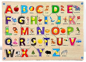 Wooden Kids Alphabet Board Puzzle with 26 Letters A to Z, 26 Objects with Knobs, Educational & Learning Board, Montessori and Pre School