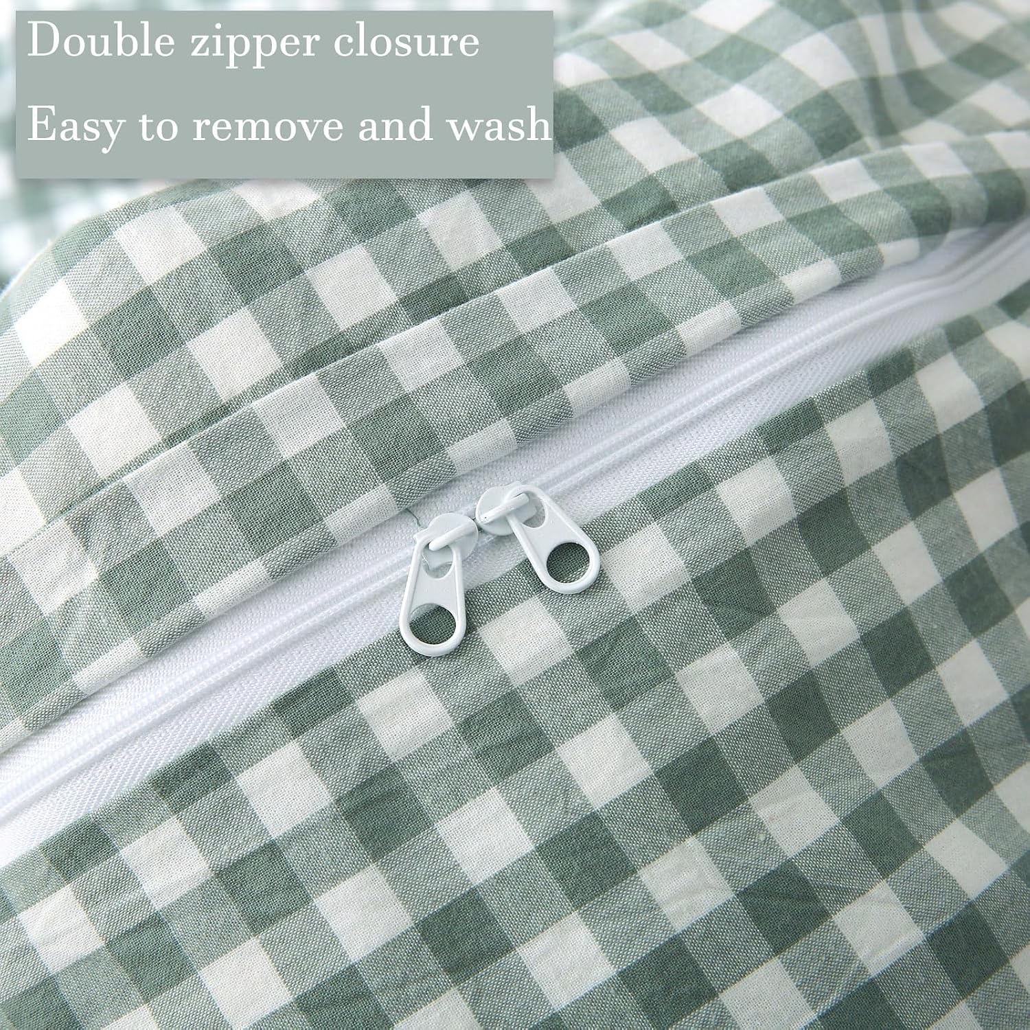 Mywinle Dusty Green/White Gingham 3-Piece Duvet Cover Set Queen Size Soft Washed Cotton Plaid Checkered Bedding Set for Bed Room