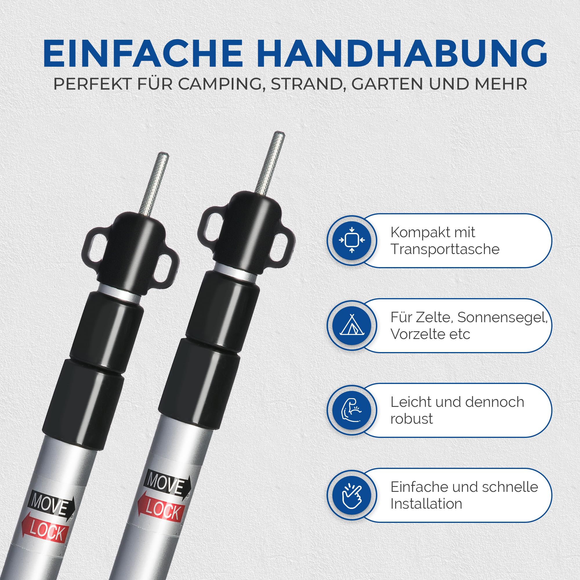 2x Premium Teleskop-Zeltstangen aus Alu + Tasche | Stufenlos 95-230 cm verstellbar | Für Tarps, Planen & Sonnensegel | Ultraleicht (450g/Stange) & Twist-Lock-System