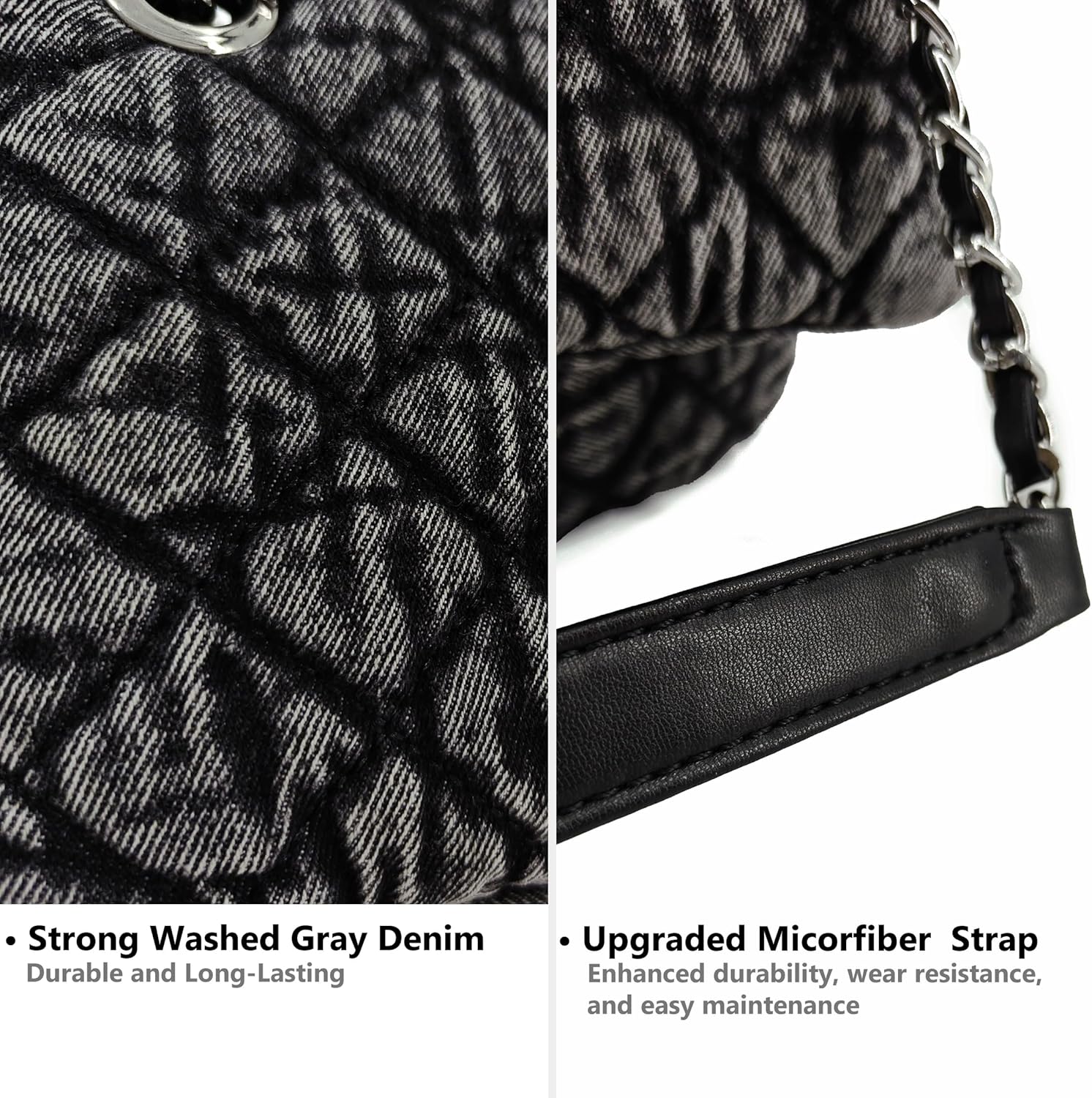 Quilted Denim Purse, Shoulder Bag for Women, Crossbody Flap Tote Bag,Silver Chain Hobo Bag, Vintage Washed Jean Purse - Image 3