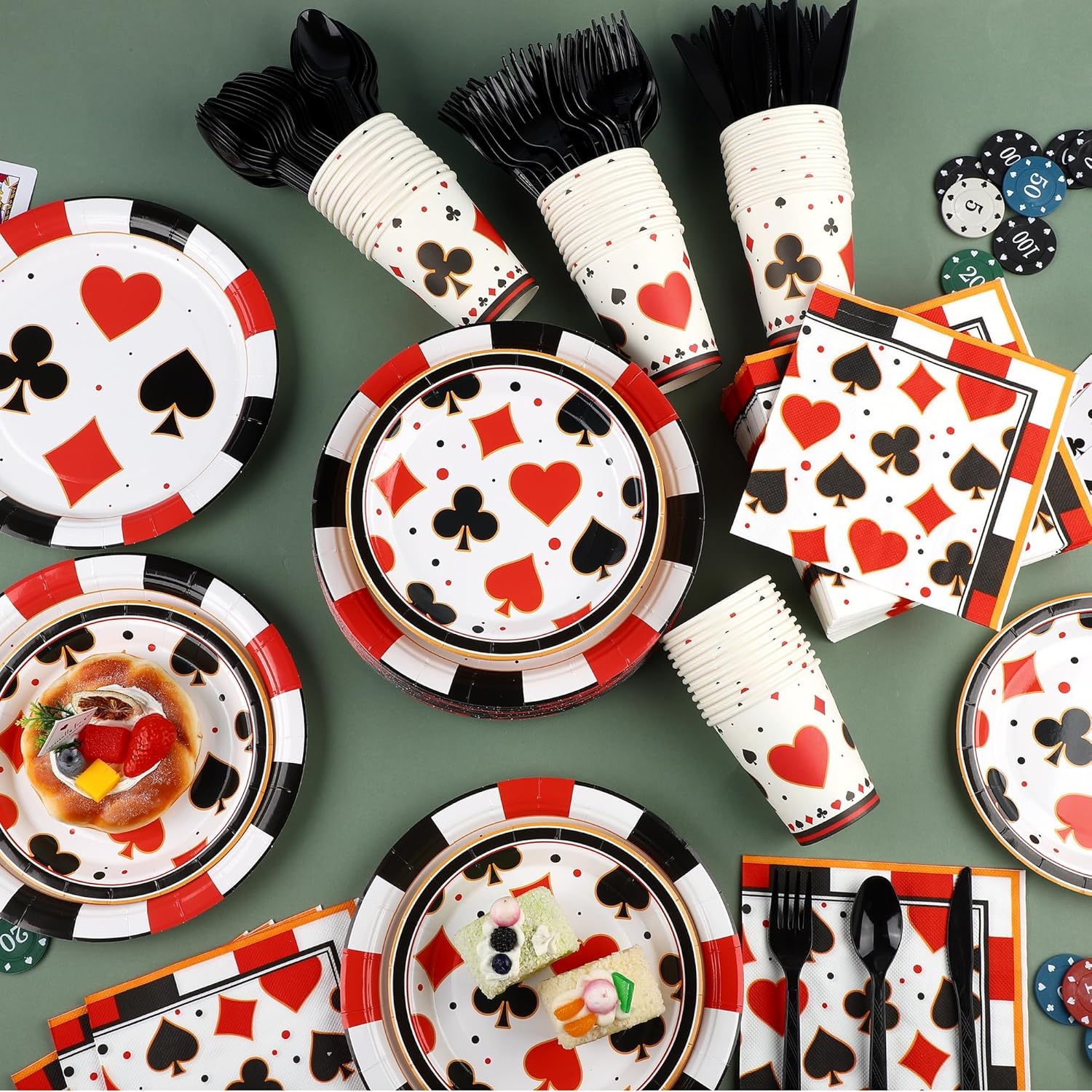 Kochorie 400 Pieces Casino Print Disposable Tableware Sets, Las Vegas Party Supplies Set with Plates Cups Napkins Cutlery Serves 50 for Birthday Poker Club Casino Theme Party Decorations