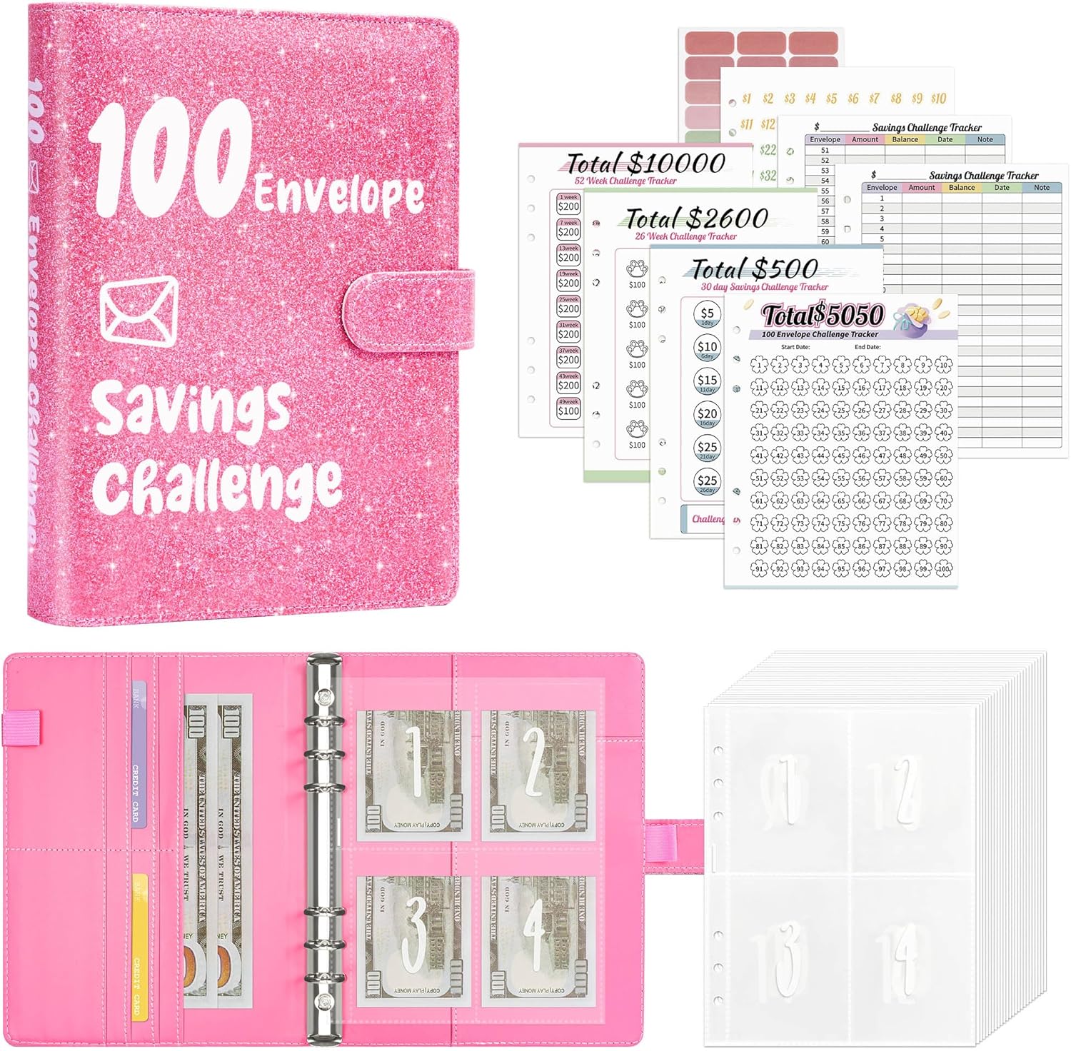 Ospelelf 100 Envelopes Money Saving Challenge Book 52 Week Budget Binder with Cash Envelopes to Save $10,000, Glitter Pink