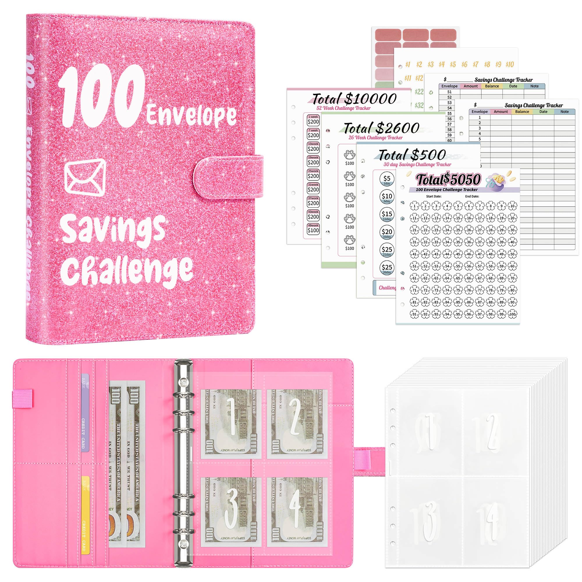 Ospelelf 100 Envelopes Money Saving Challenge Budget Binder, Save $10,000 Budget Binder with Cash Envelopes 52 Week, Glitter Bright Pink