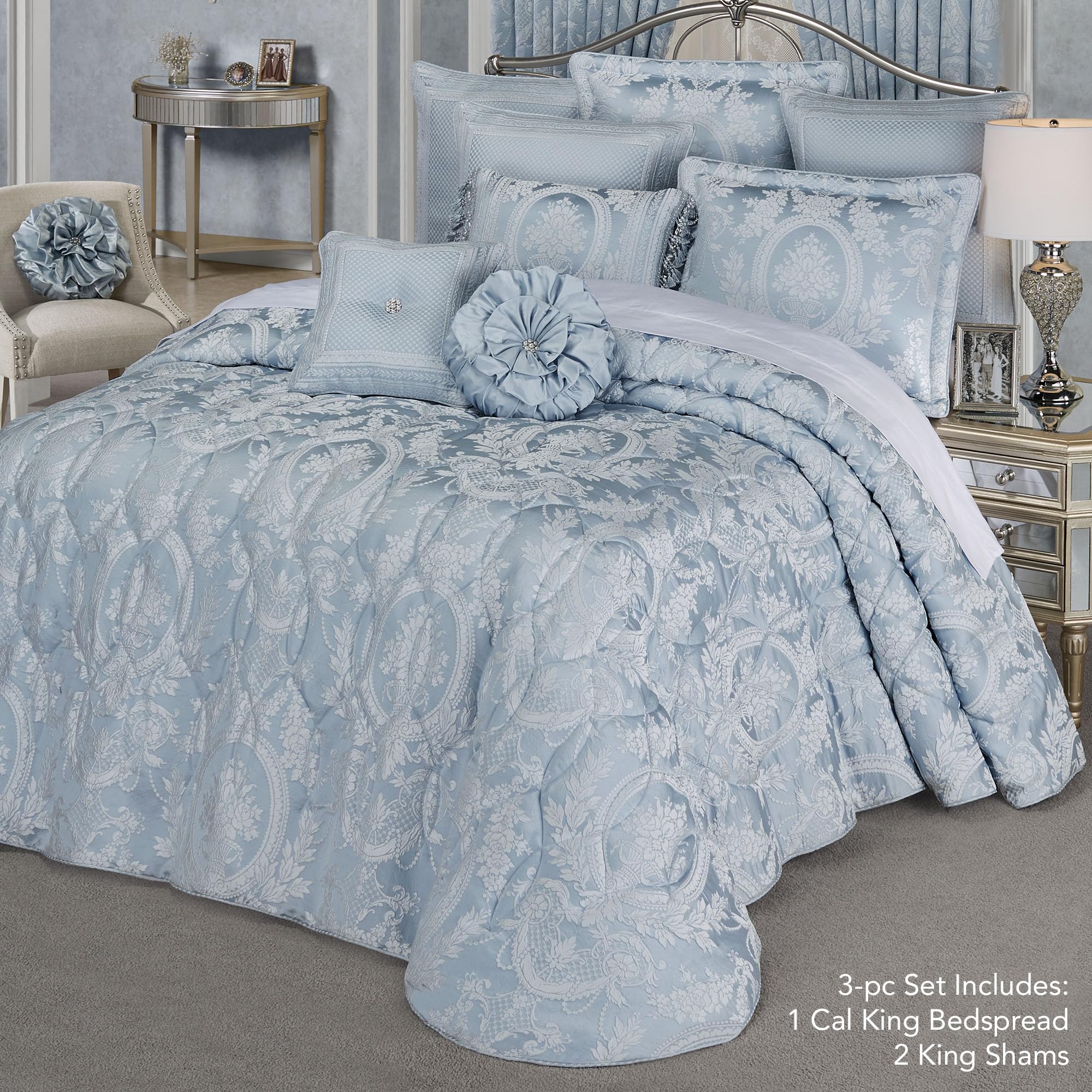 Contessa Luxury Bedding | Iced Platinum and Pastel Powder Blue | Puff Jacquard-Woven Traditional Floral Bouquet and Swag Motifs | 3 Piece Bed Set Includes California King Bedspread and 2 King Shams