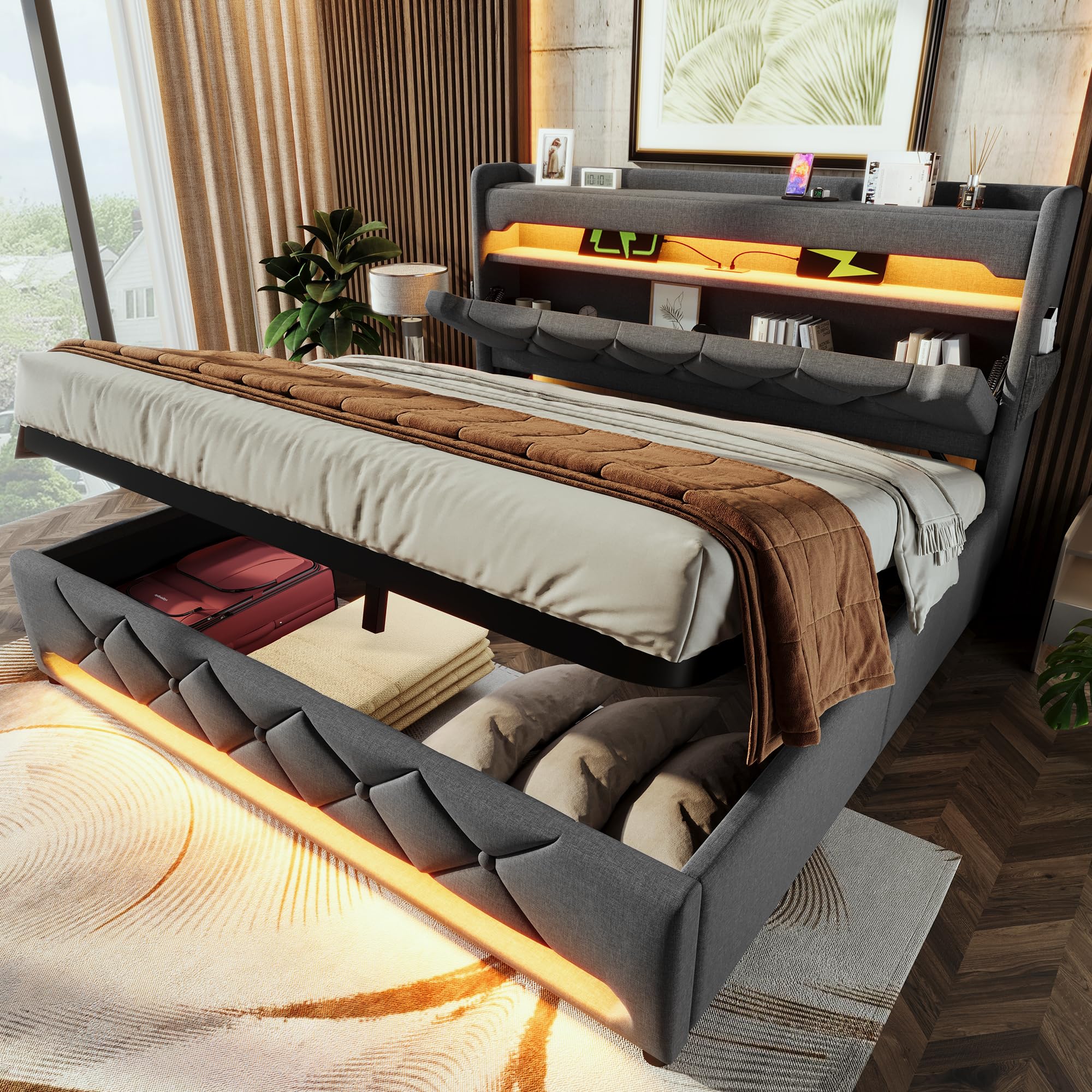 Gestoffeerd bed 140x200 tweepersoonsbed, hoofdeinde opbergruimte met