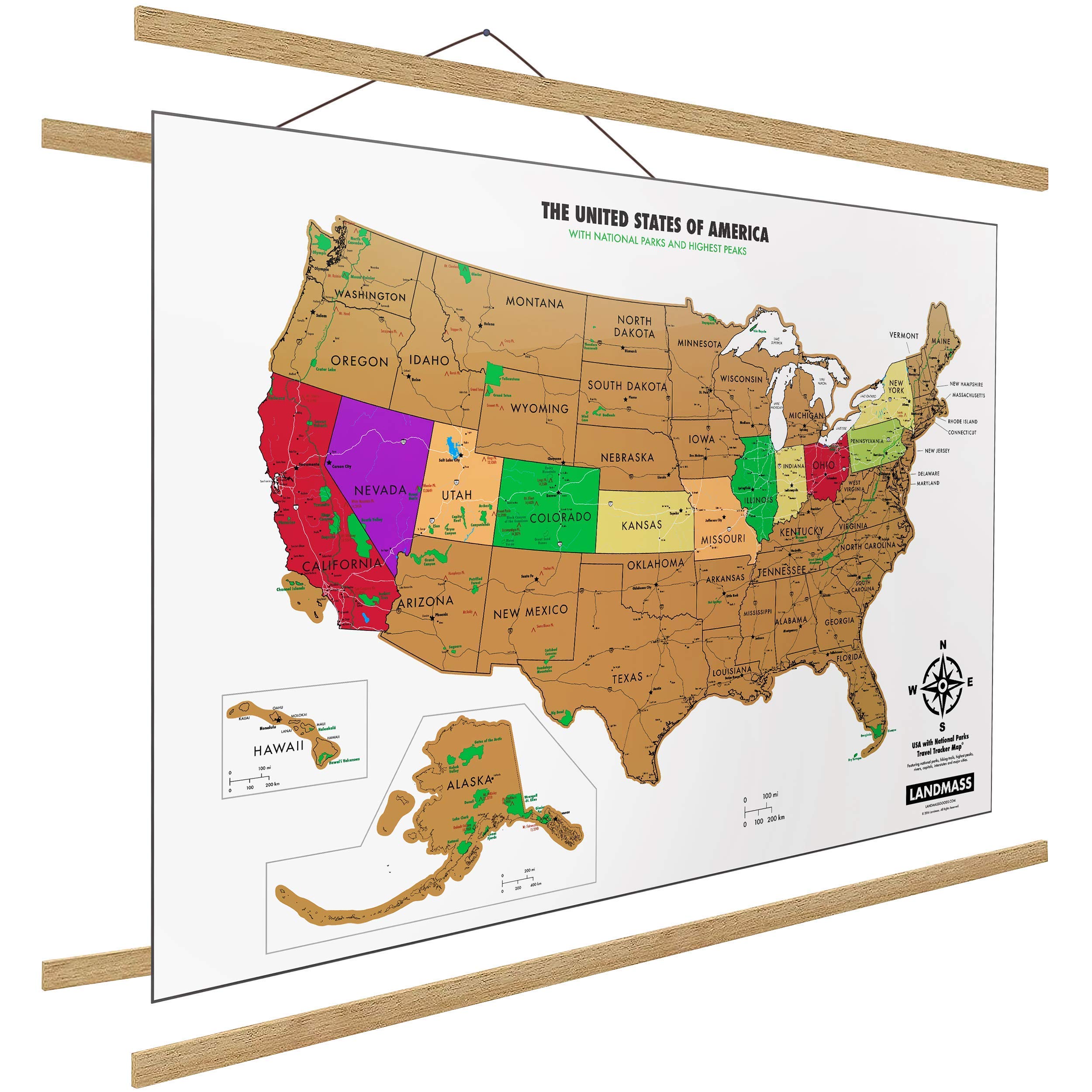 Landmass 24" Magnetic Wood Poster Hanger Frame + Scratch Off USA Map Poster - Framed Deluxe United States Print - Travels Tracker - Travel Wall Hanging Art - Gift Idea For Travelers