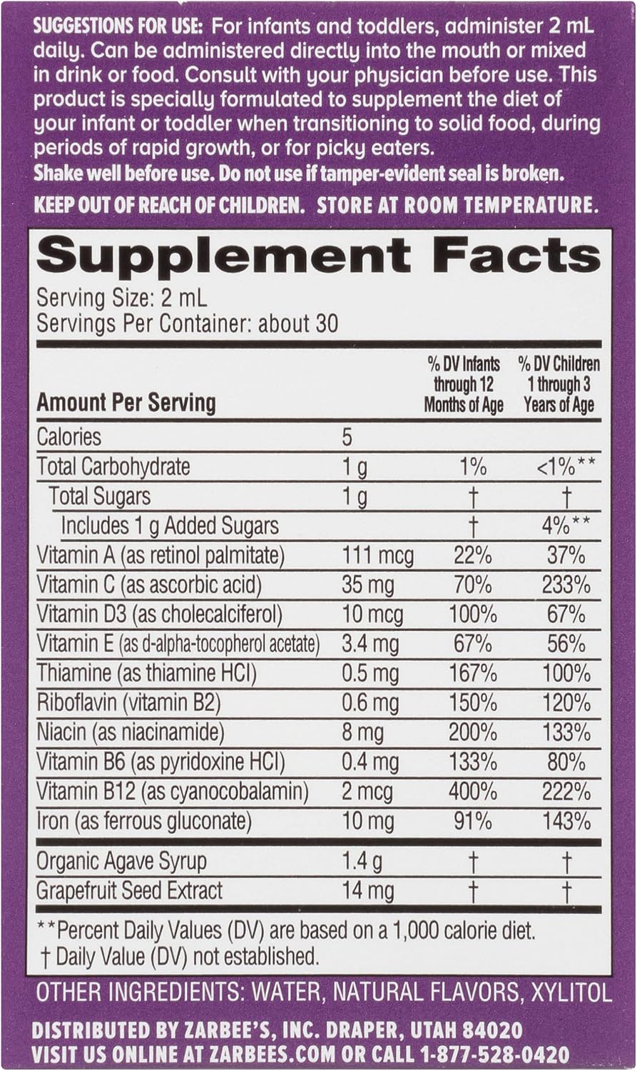 ZMultivitamin with Iron, Natural Grape Flavor, Contains Vitamins A, C, D for Babies Ages 2 Months and Up, 2 Ounce Bottle