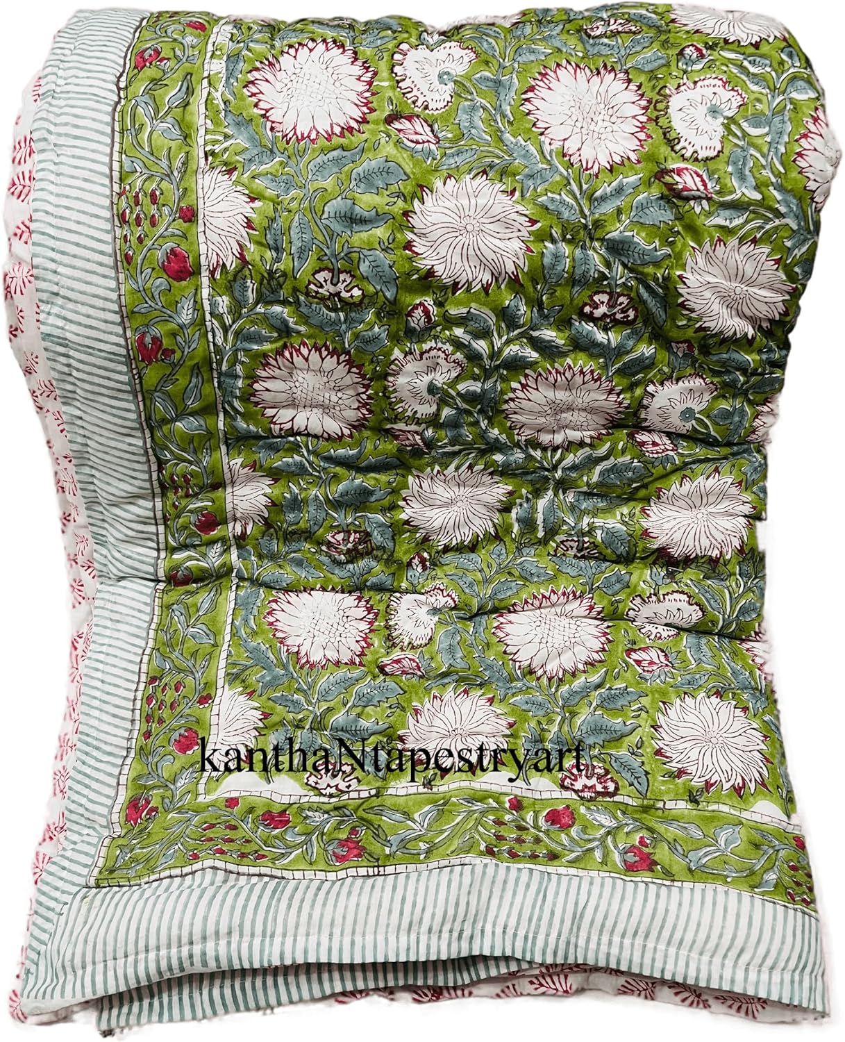 Generic kanthaNtapestryart Indian Hand Block Print 100% Cotton Quilt Razai Jaipuri Famous Light Weight Hand Made Cotton Quilt Razai Home Decor Razai (Twin Size 60x90 Inch), Green