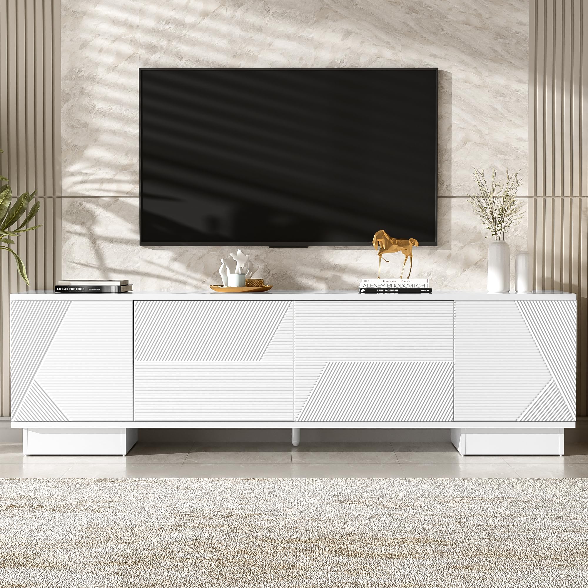 Merax 70.8 inch Modern TV Stand for TVs up to 75 Inches, Entertainment Center with Storage Cabinets & 4 Drawers, Minimalist Media Console with Metal Center Leg & Anti-Tip Device for Living Room, White