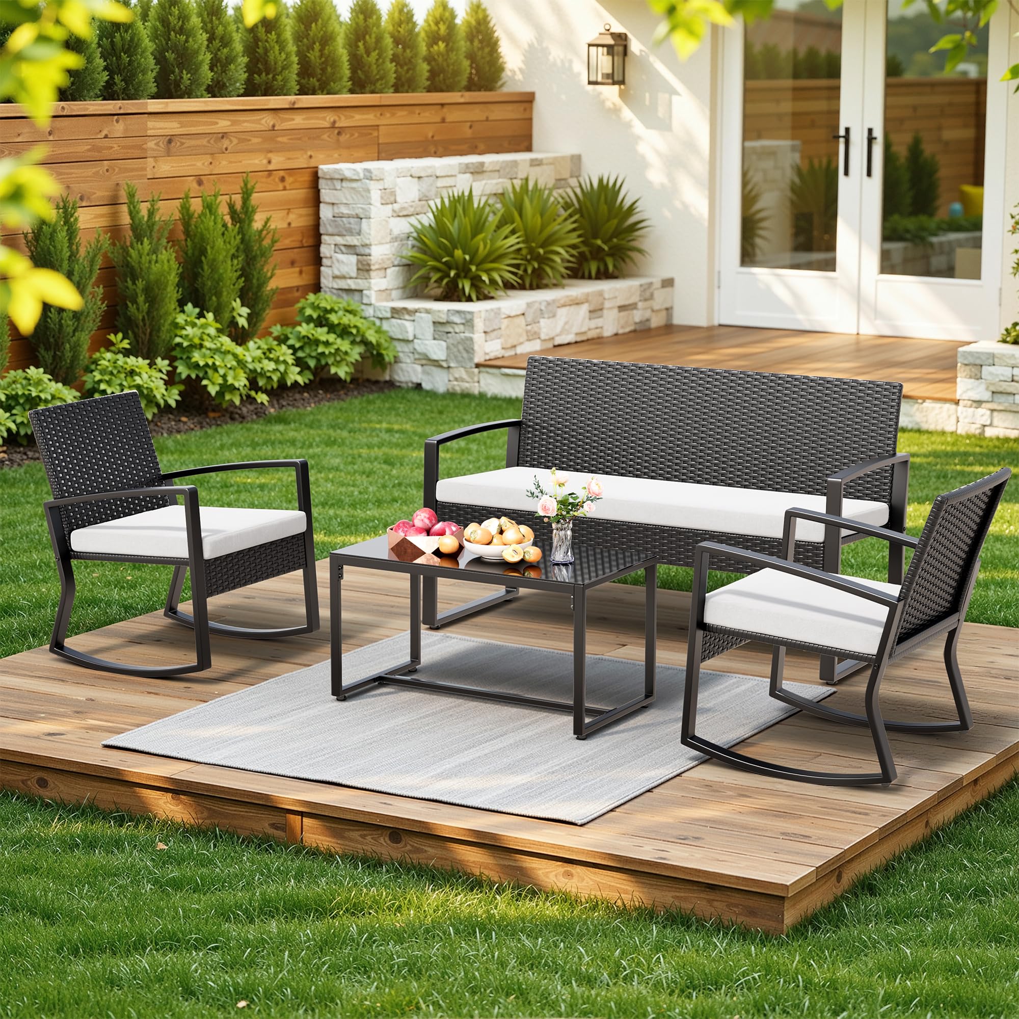 Xbro Rattan Gartenmöbel Set für 4 Personen, Balkonmöbel Lounge mit 2 Schaukelstühlen, Doppelsessel & Glastisch, inkl. Sitzkissen, wetterfest für Garten, Terrasse, Veranda & Pool, Grau