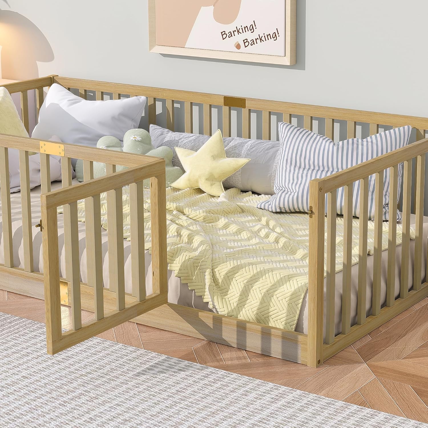 Twin Floor Bed Frame with 21.5" High Rails and Small Door, Solid Rubber Wood Montessori Bed for Kids Room, Low Profile Twin Bed with Slats, No Box Spring Required,Natural