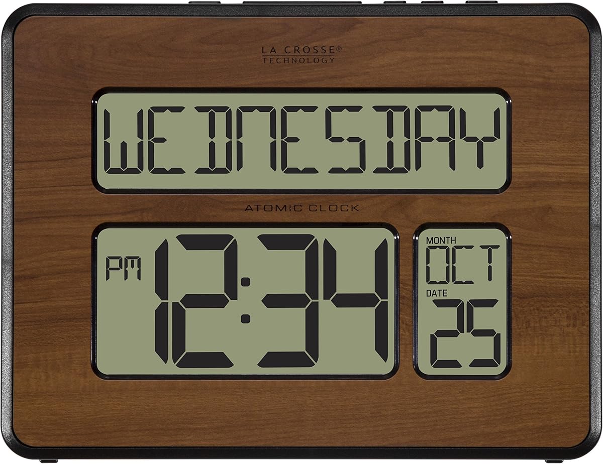 La Crosse Technology 513-1419-WA-INT Atomic Large Full Digital Calendar Clock, Walnut, 9.84"L x 1.14"W x 7.48"H
