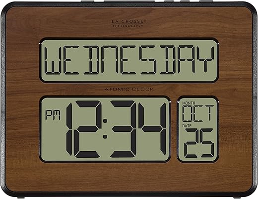 La Crosse Technology 513-1419-WA-INT Atomic Large Full Digital Calendar Clock, Walnut, 9.84L x 1.14W x 7.48H