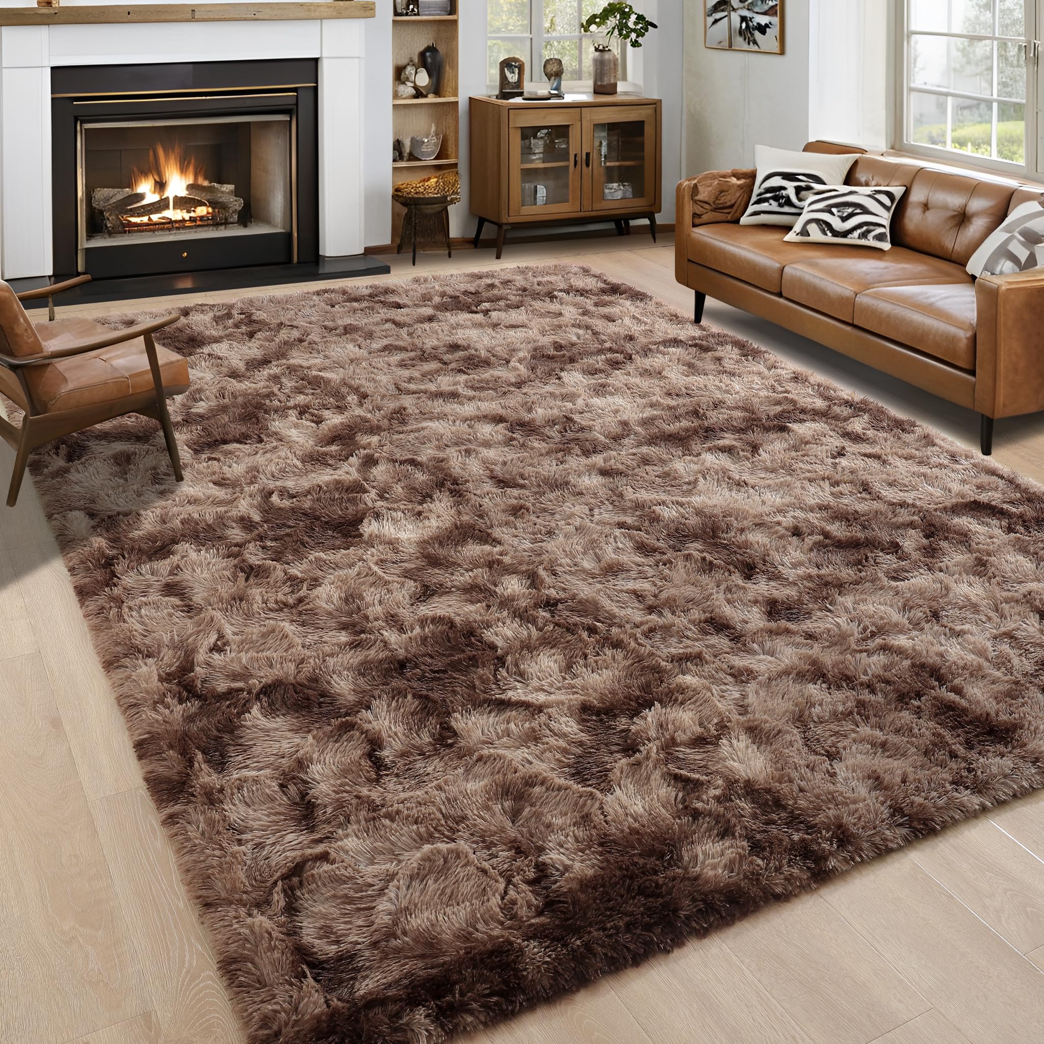 Noahas Large Fluffy 8x10 Area Rugs for Living Room Bedroom,Tie-Dyed Brown Thick Shag Throw Rug,Big Soft Shaggy Bedside Non-Slip Plush Dorm Nursery