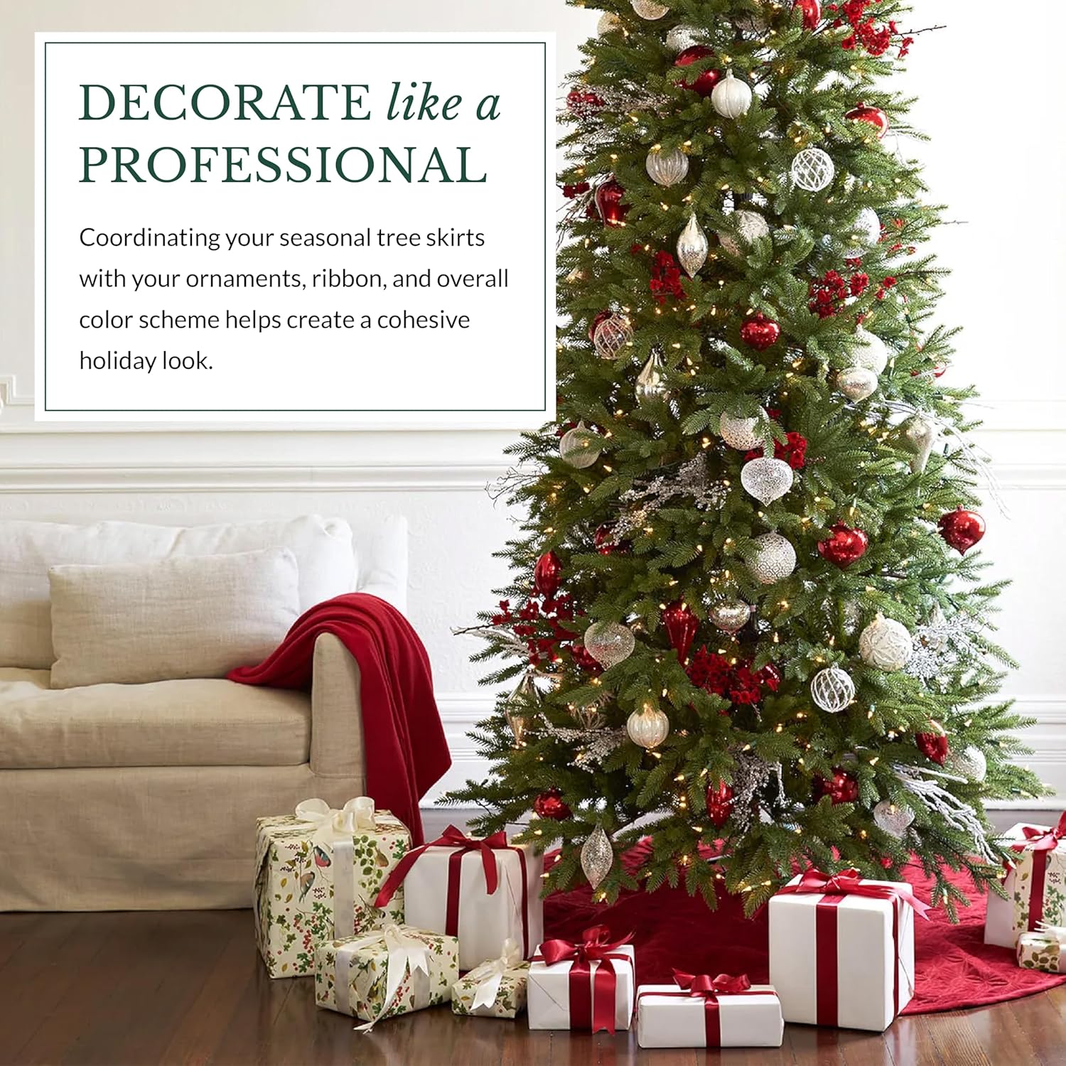 Balsam Hill Lancaster Quilted Christmas Tree Skirt - Reversible Tree Skirt with Metallic Gold Threading, Cardinal Red, 72"