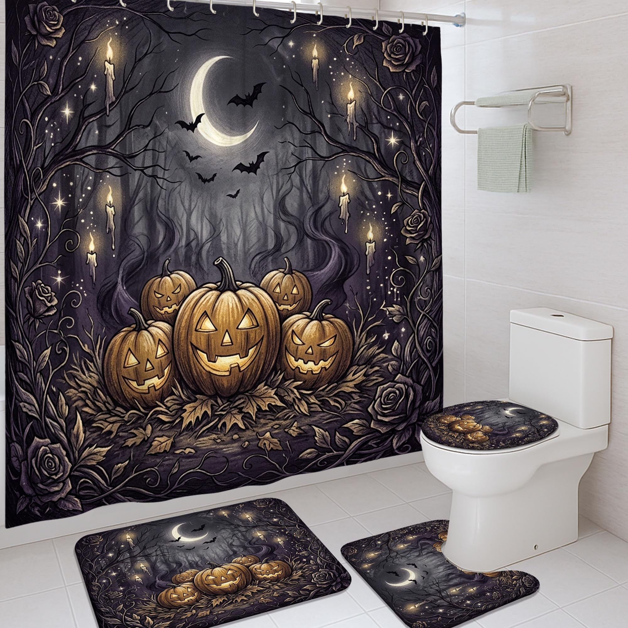 Rideau de douche lavable Halloween noir 183x183 cm imperméable avec crochets inclus