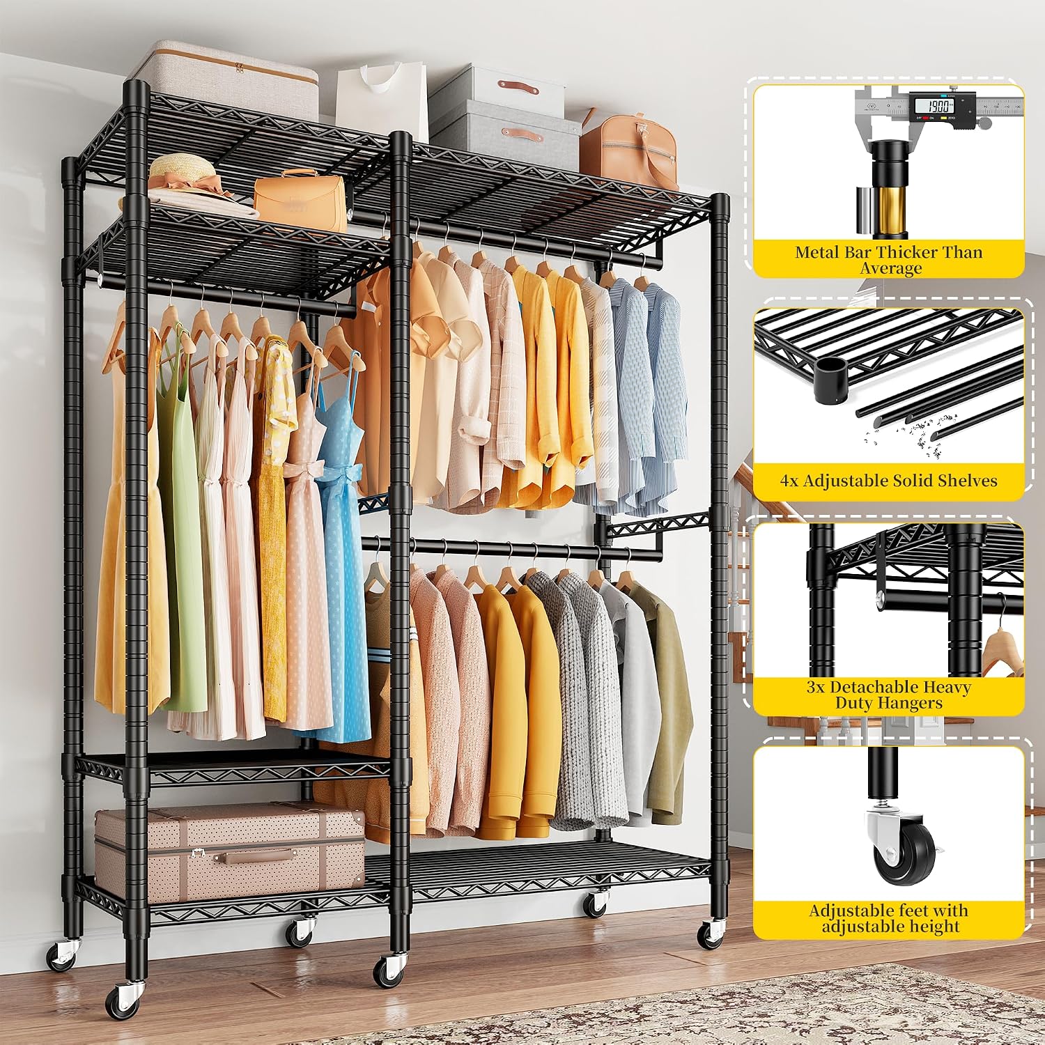 Close-up of Raybee Clothes Rack features including thicker metal bar, adjustable solid shelves, detachable heavy duty hangers, and adjustable feet with wheels.