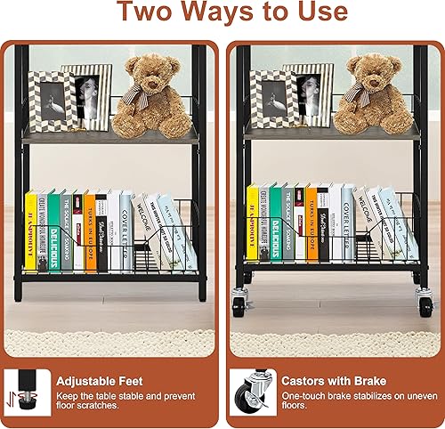 Miniatura 6 de Mesa auxiliar pequeña con cesta de almacenamiento y ruedas, mesa auxiliar estrecha con cajón y estantes, mesita de noche alta para dormitorio,