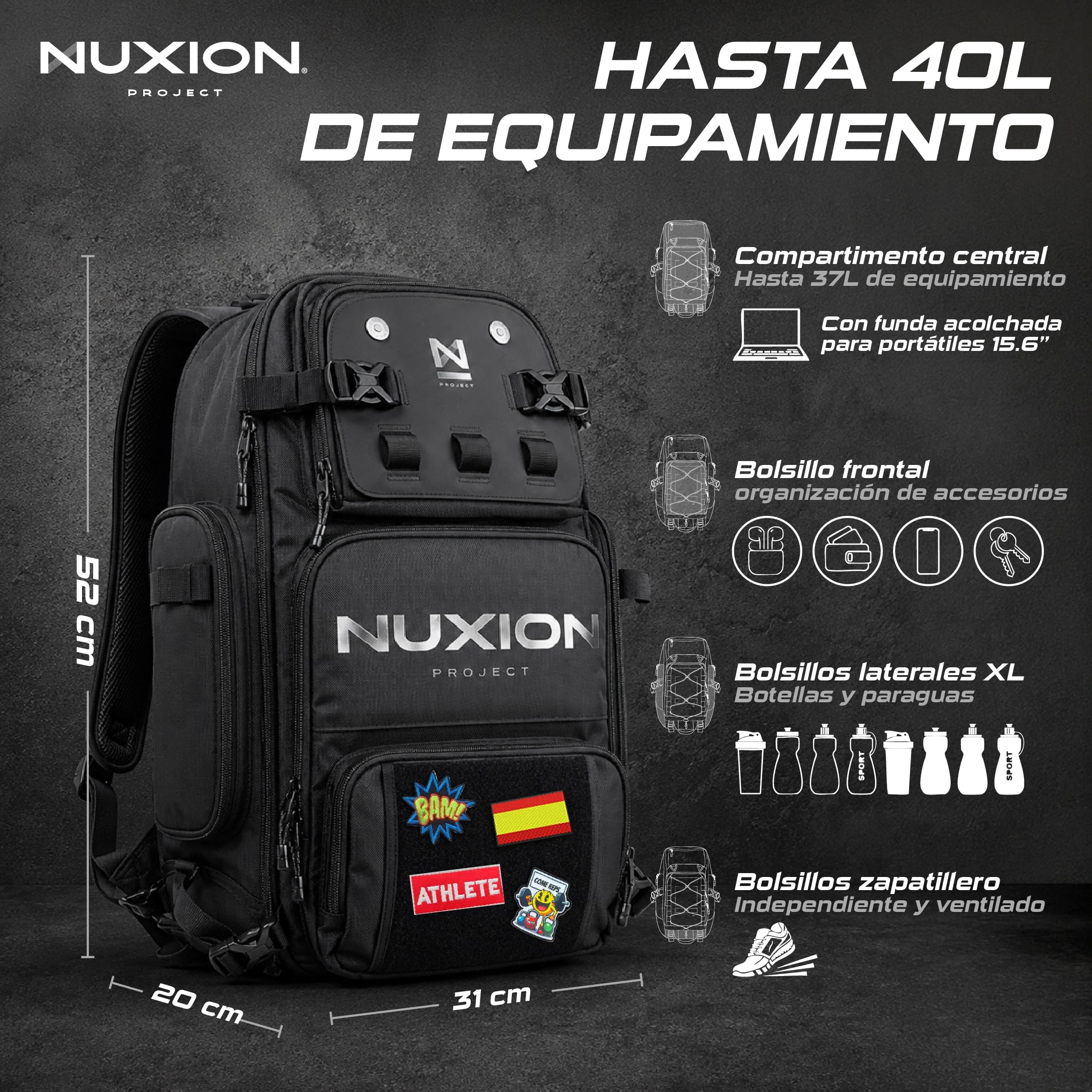 NUXION | Mochila Táctica 40L Impermeable con Zapatillero | Crossfit, Hyrox y Senderismo | Sistema MOLLE, +20 Compartimentos y Portátil 15,6" | Mochila Deportiva Unisex