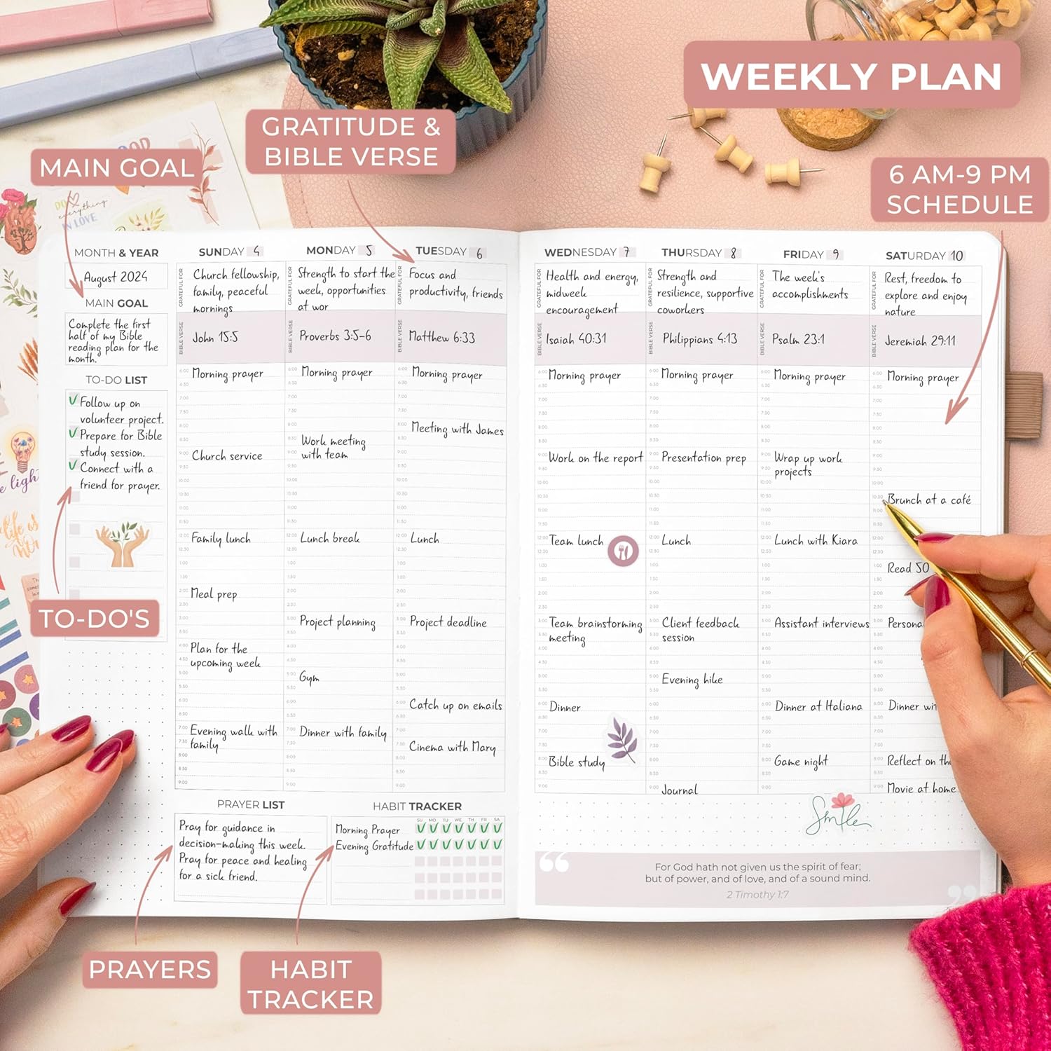 Clever Fox Christian Hourly Weekly Planner – Goal Setting Planner with Time Slots, Monthly Budget, Sermon Notes, Bible Reading Tracker (Dark Terracotta)