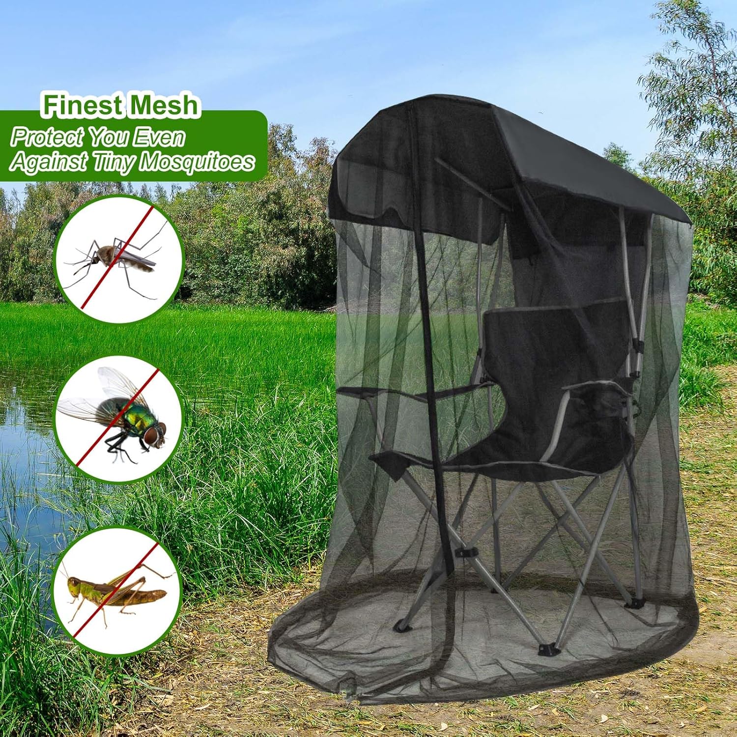 2PCS Mosquito Net Cover for Canopy Chair, 63"H Bug Barrier Mosquitos Mesh Tent Black Chair Mosquito Netting with Zipper 35"X32" Waterproof Roof for Fishing Camping Chairs Outdoors, Chair Not Included