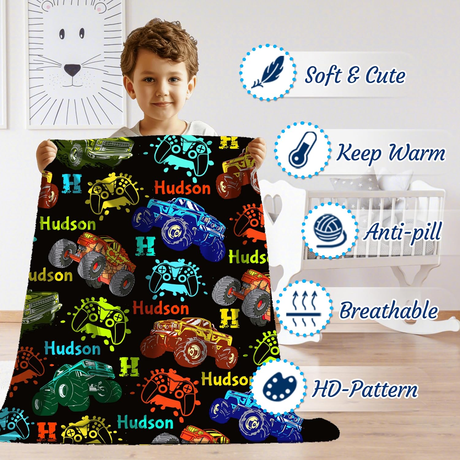 Personalized Custom Colorful Game Truck Name Blanket for Boys & Girls, Soft Cozy Swaddle Newborn Receiving Blanket with Name, Christmas Birthday Gift 50''x 60''