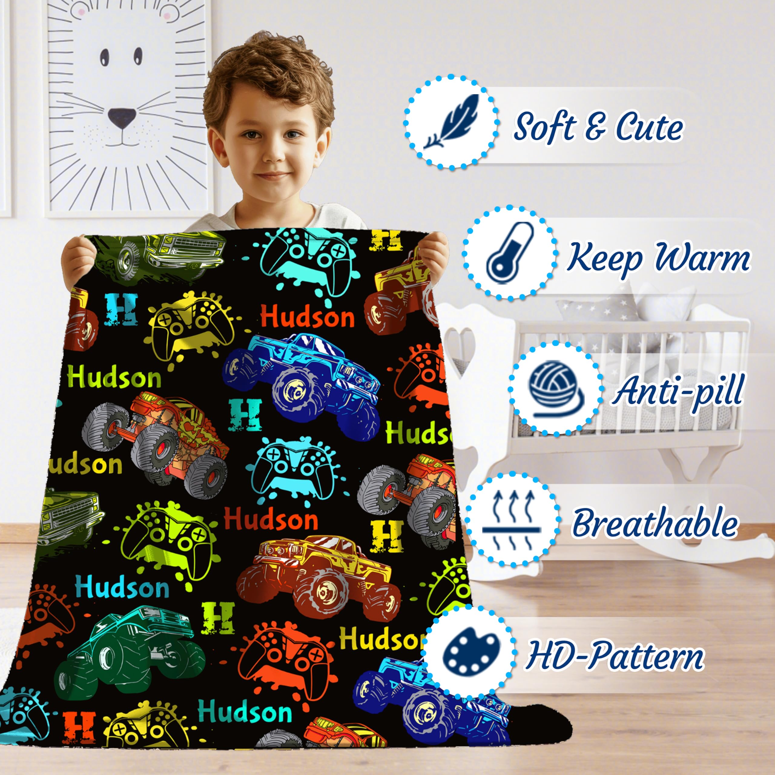 Personalized Custom Colorful Game Truck Name Blanket for Boys & Girls, Soft Cozy Swaddle Newborn Receiving Blanket with Name, Christmas Birthday Gift 30''x 40''