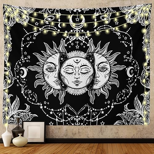 Tapiz de sol y luna, tapices en blanco y negro, sol ardiente místico con estrella, decoración para colgar en la pared para dormitorio (40 pulgadas