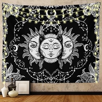 Sun and Moon Tapestry Black and White Tapestries Mystic Burning Sun with Star Wall Hanging Decor for Bedroom 40" W x 30" L