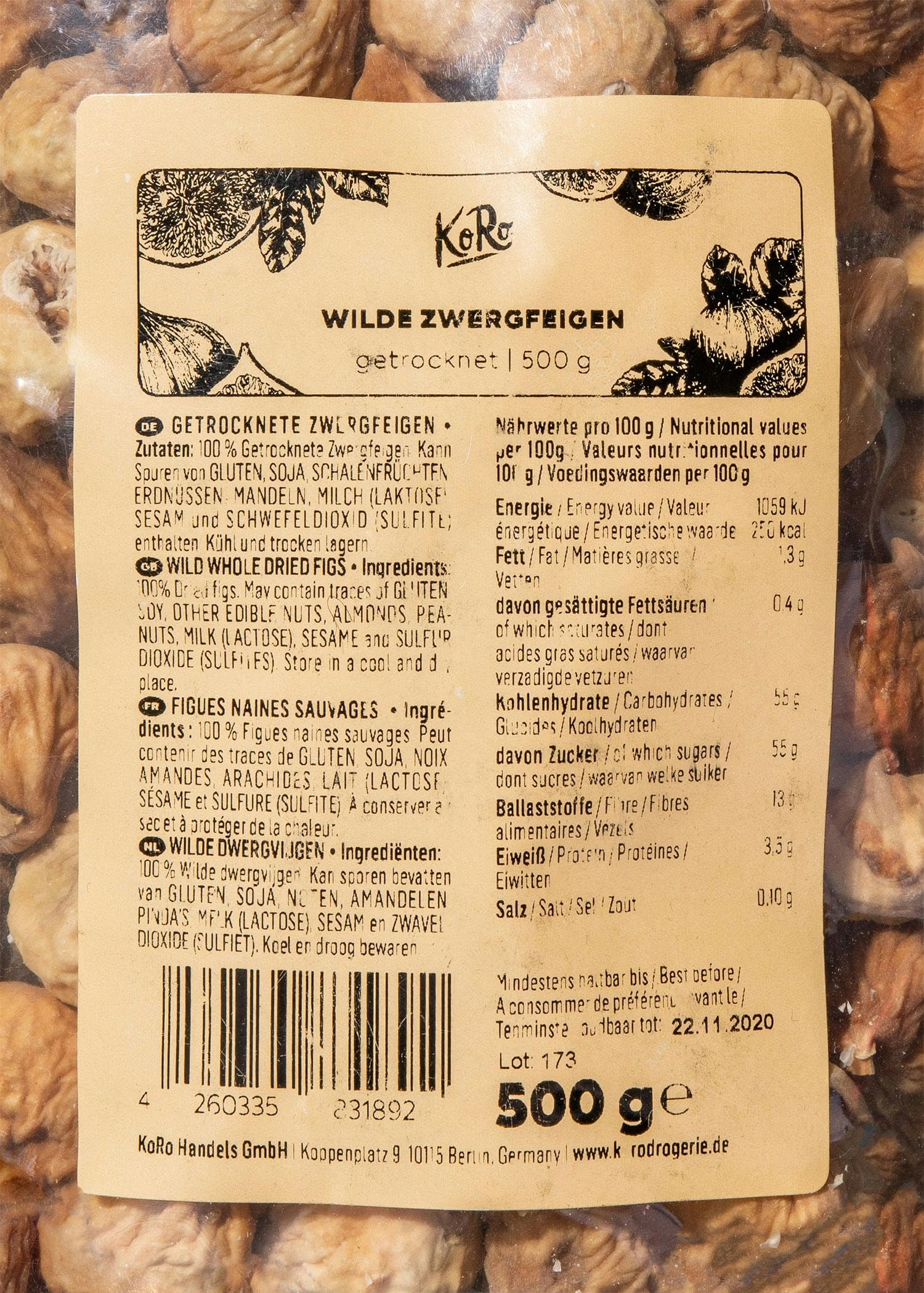 KoRo - Fichi nani selvatici 500 g - 100% frutta essiccata - Senza additivi - Senza solfiti - Nei dolci o come snack