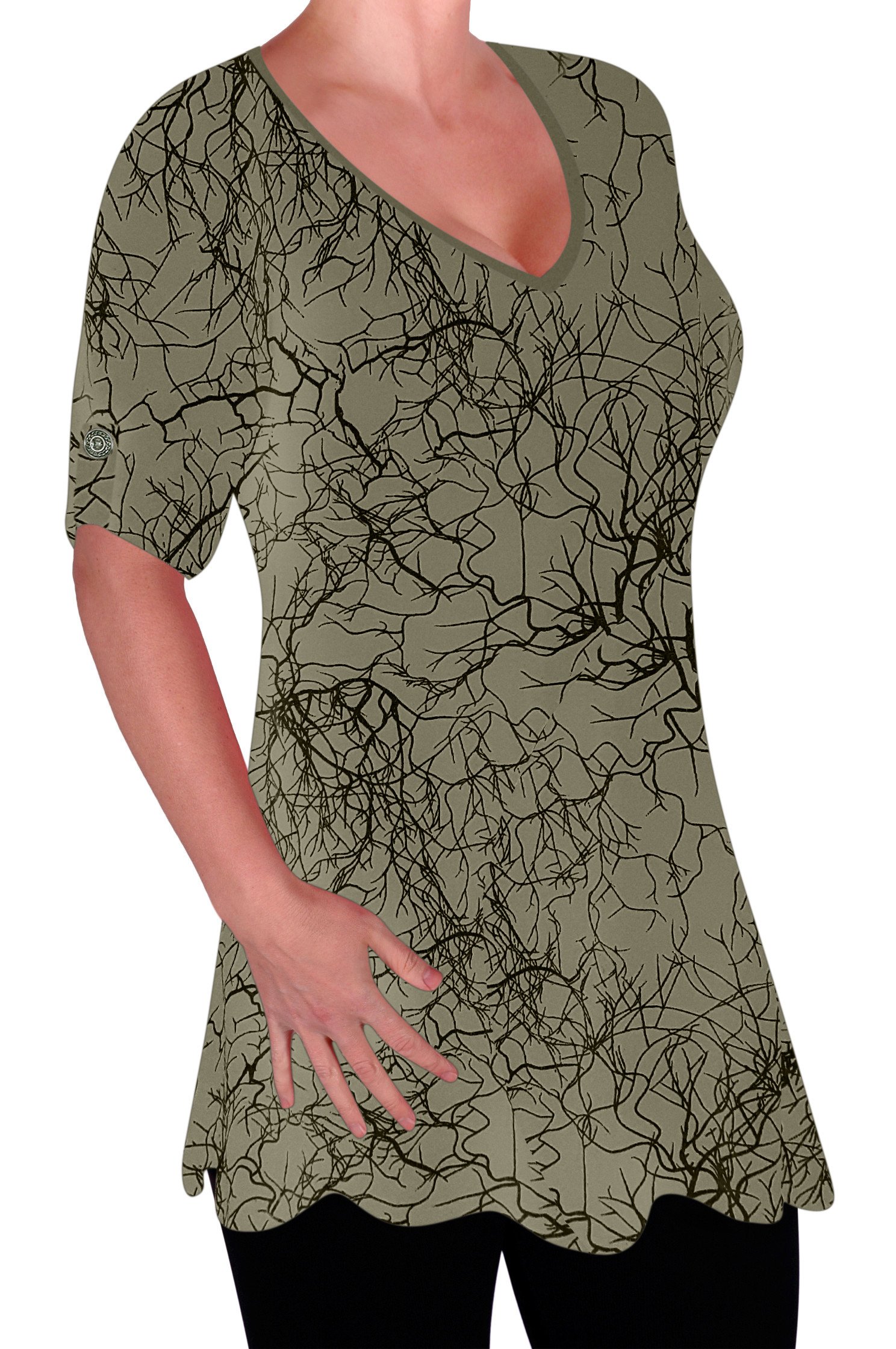 Eye Catch Women's Squiggle Light Khaki ’S V Neck Tunic Top – Flattering A Line Fit, 3/4 Roll Tab Sleeves, Longline Smart Casual Blouse With Abstract & Tie Dye Prints